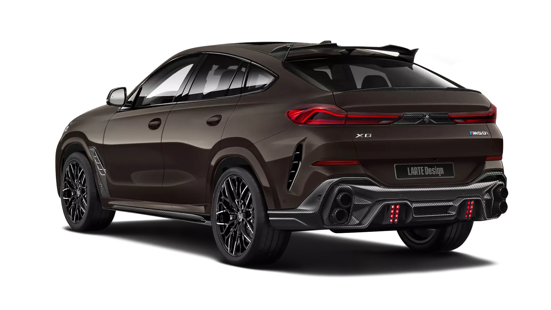 BMW X6 G06 with carbon body kit: back view shown in Sparkling Brown