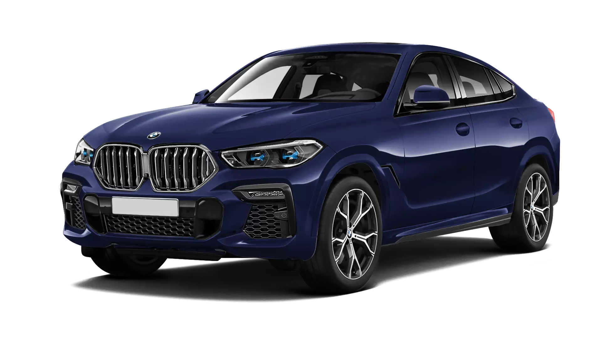 BMW X6 G06 stock front view in Tanzanite Blue color