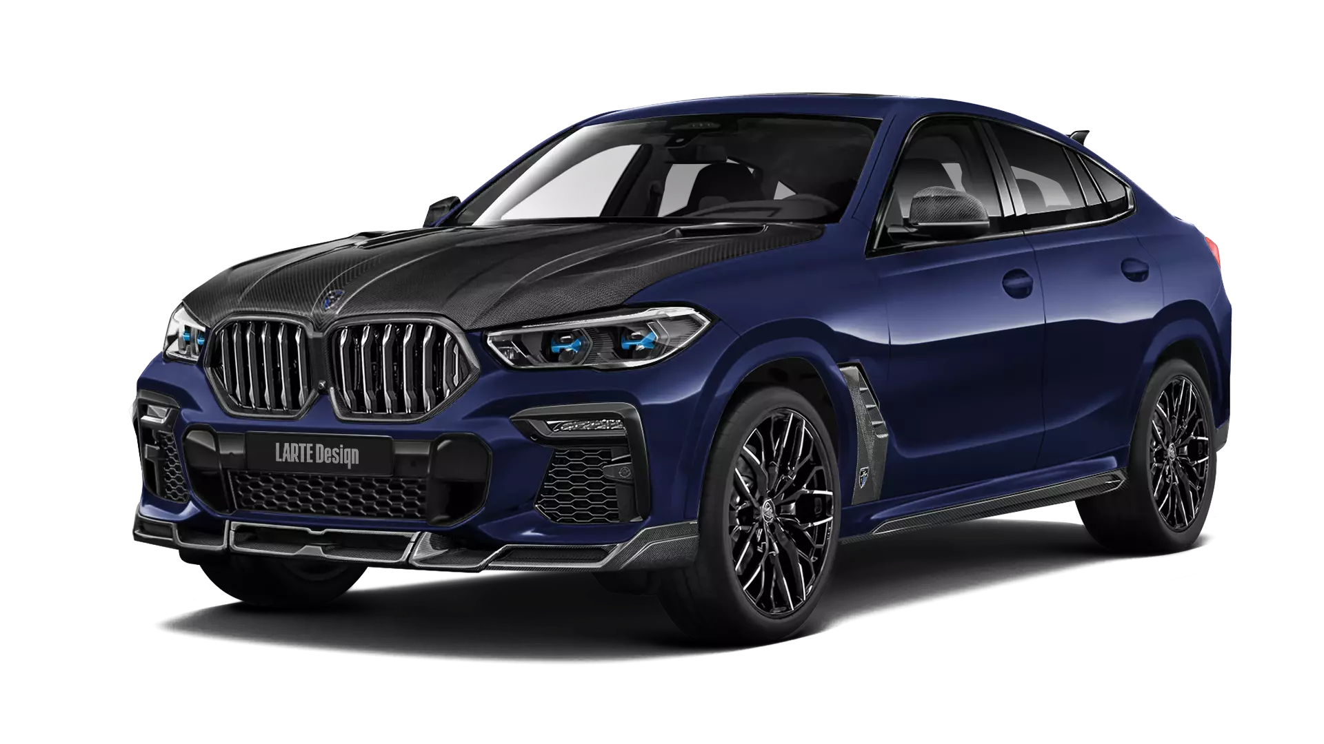 BMW X6 G06 with carbon body kit: front view shown in Tanzanite Blue