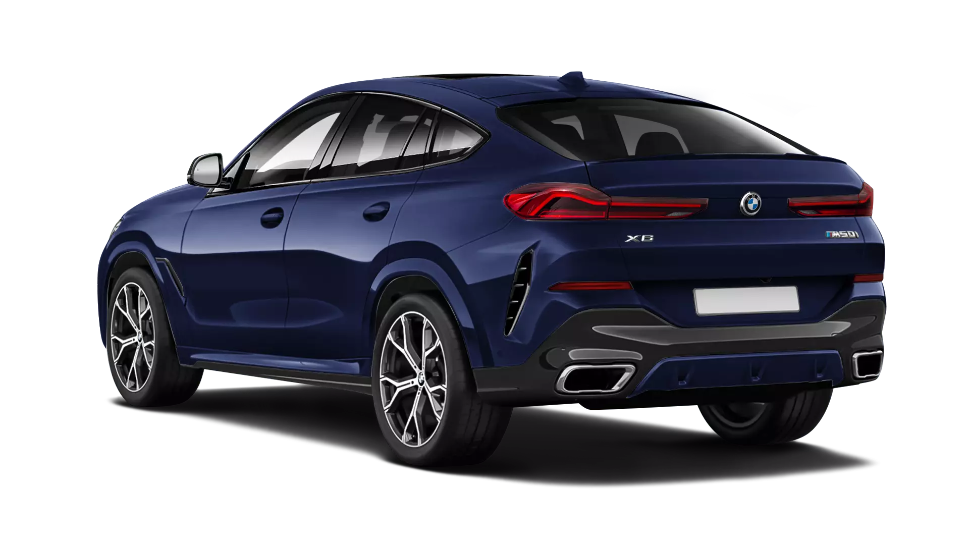 BMW X6 G06 stock rear view in Tanzanite Blue color