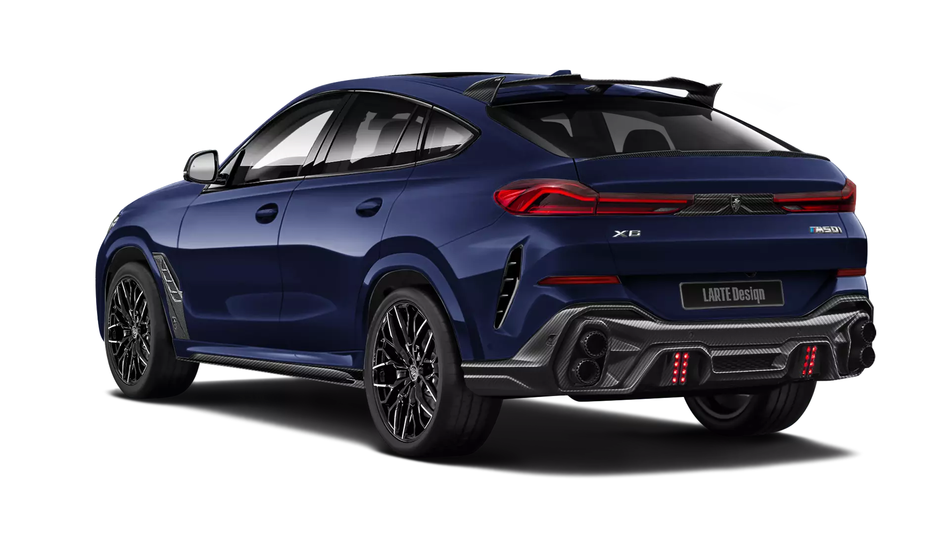 BMW X6 G06 with carbon body kit: back view shown in Tanzanite Blue