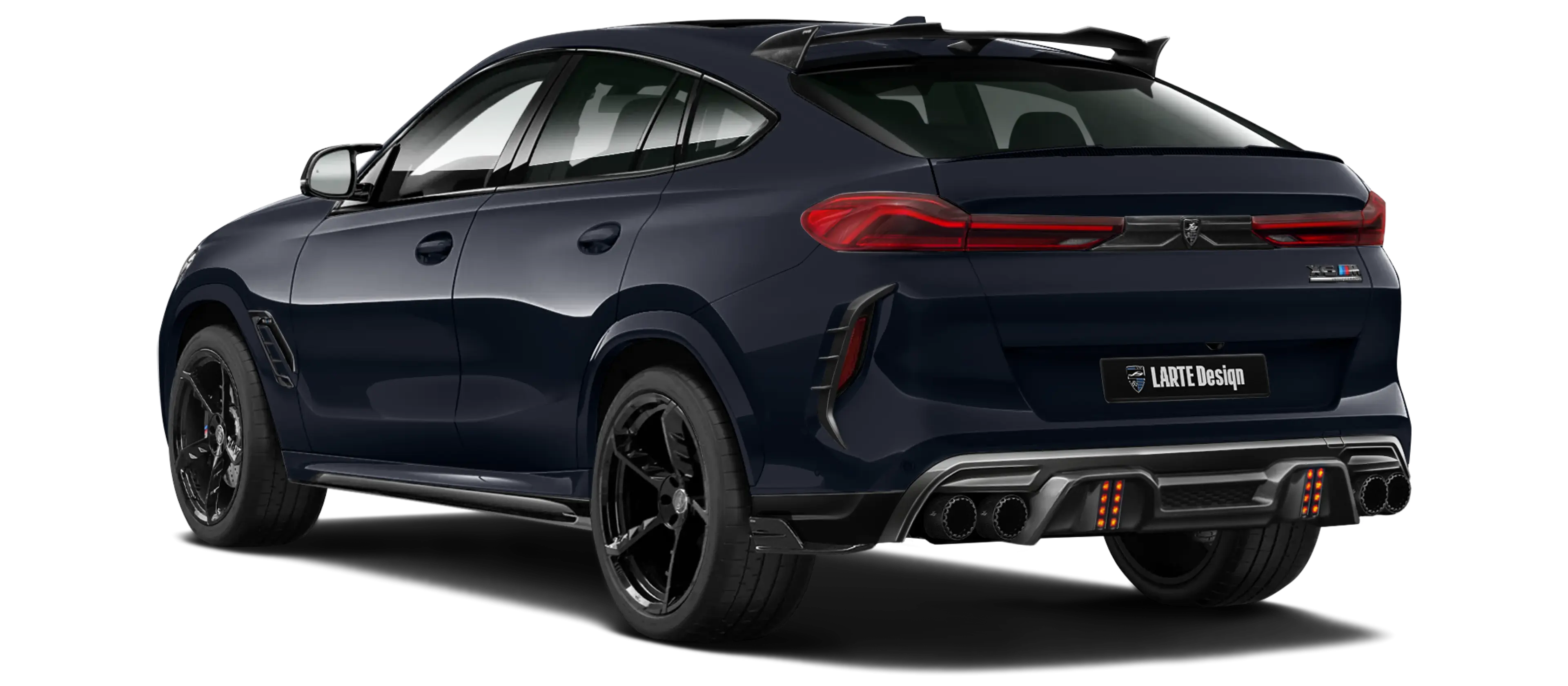 BMW X6M F96 LCI 2023 with painted body kit: rear view shown in Black carbon