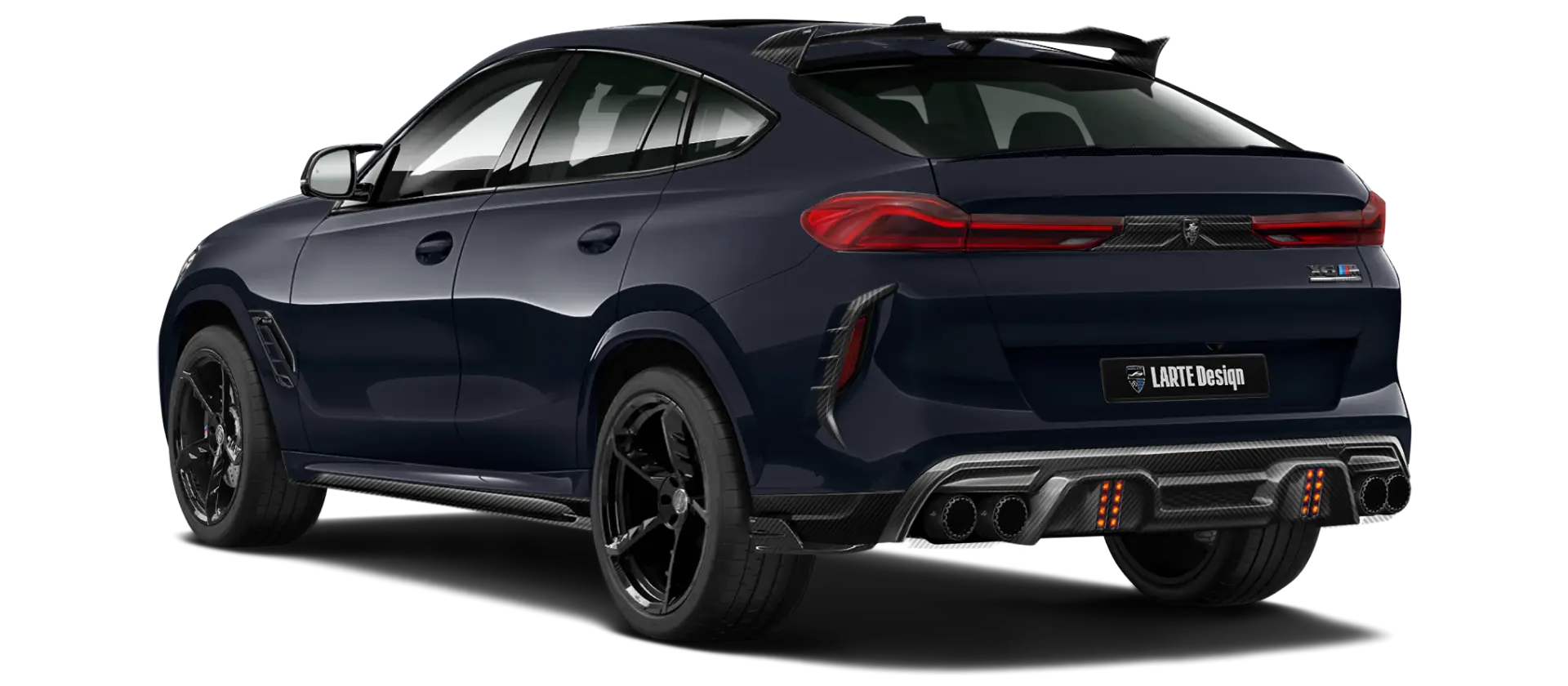BMW X6M F96 LCI 2023 with carbon body kit: back view shown in Black carbon