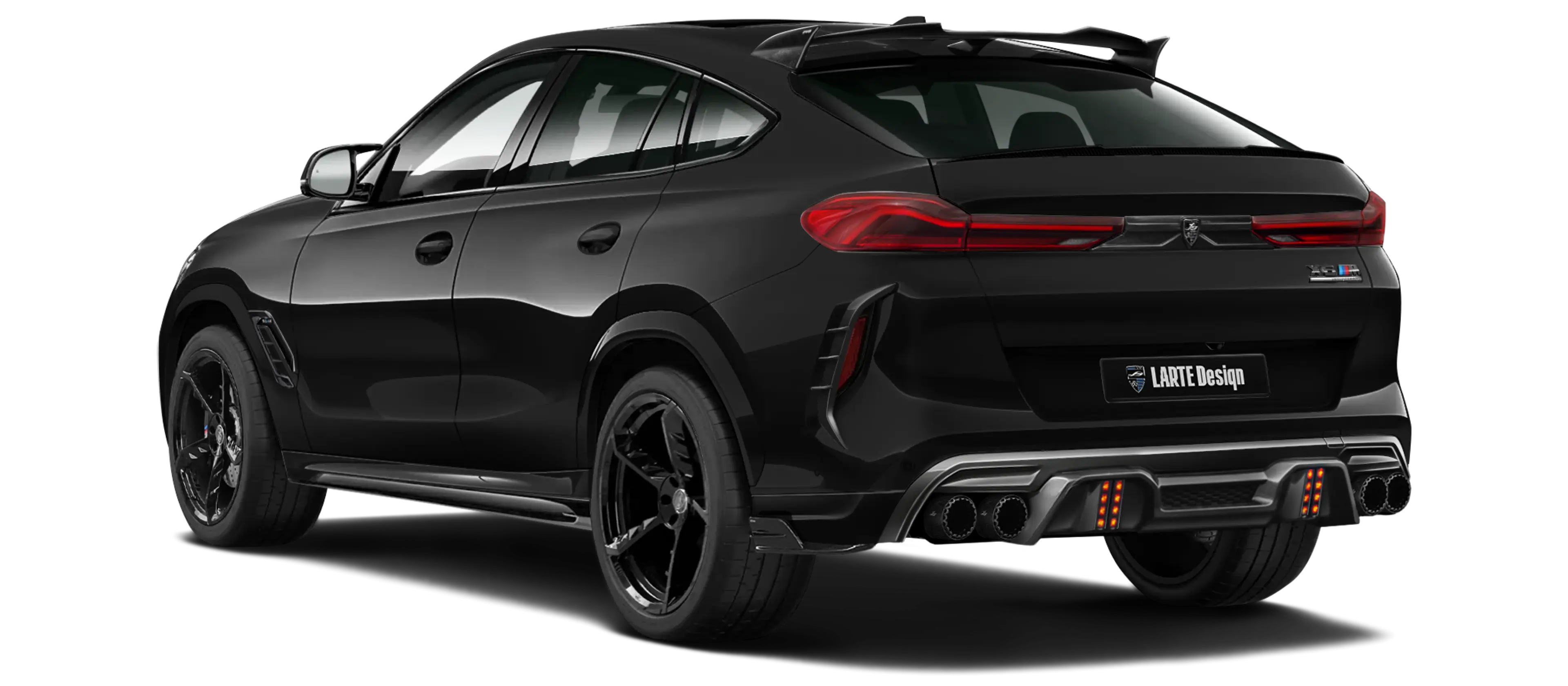 BMW X6M F96 LCI 2023 with painted body kit: rear view shown in Black sapphire