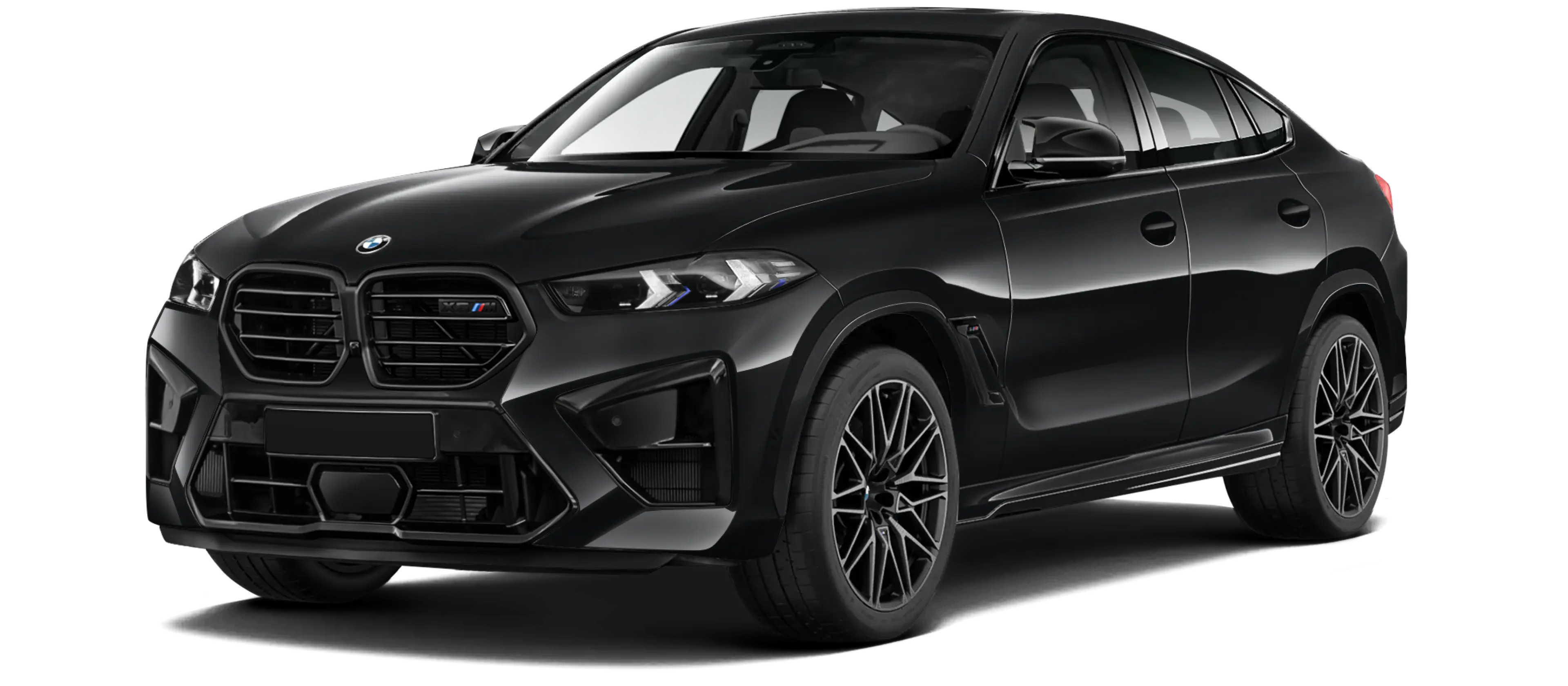 BMW X6M F96 LCI 2023 stock front view in Black sapphire