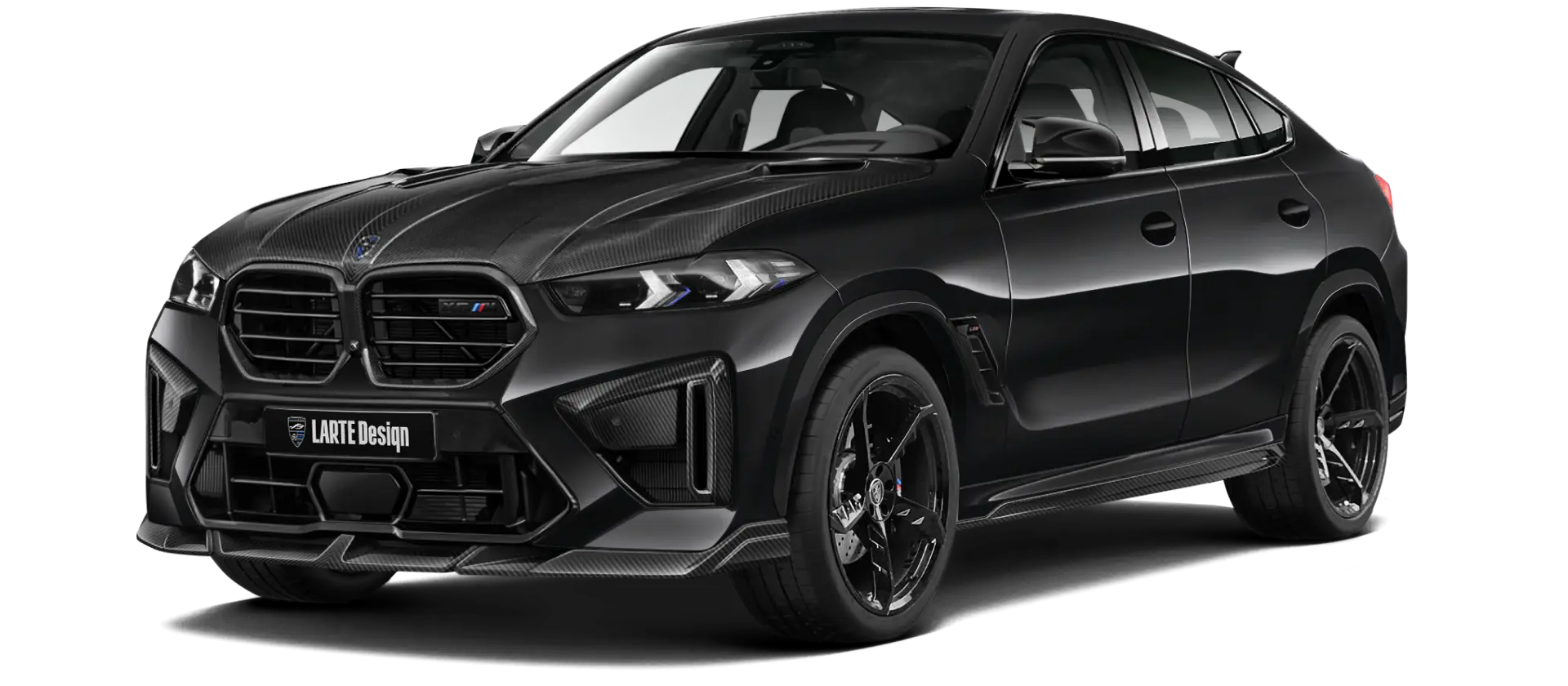 BMW X6M F96 LCI 2023 with carbon body kit: front view shown in Black sapphire