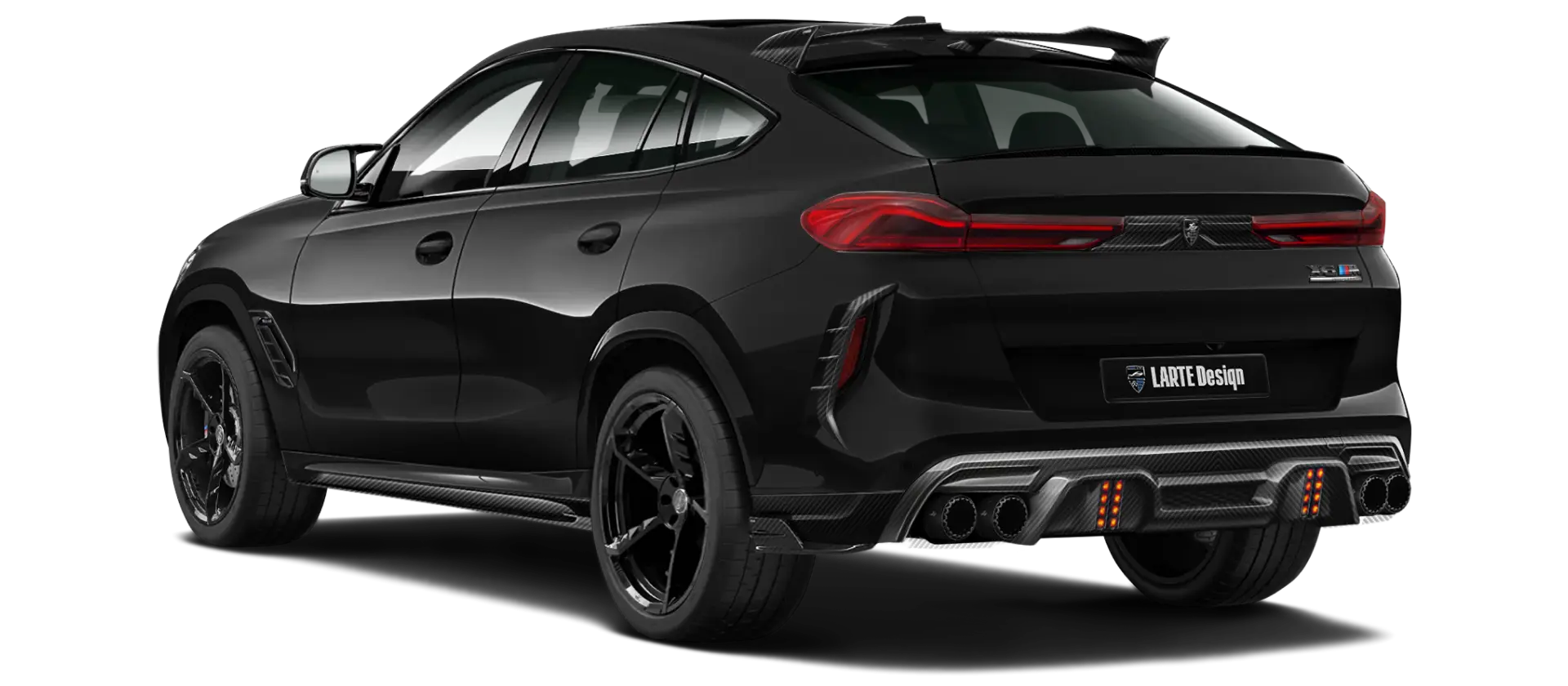 BMW X6M F96 LCI 2023 with carbon body kit: back view shown in Black sapphire