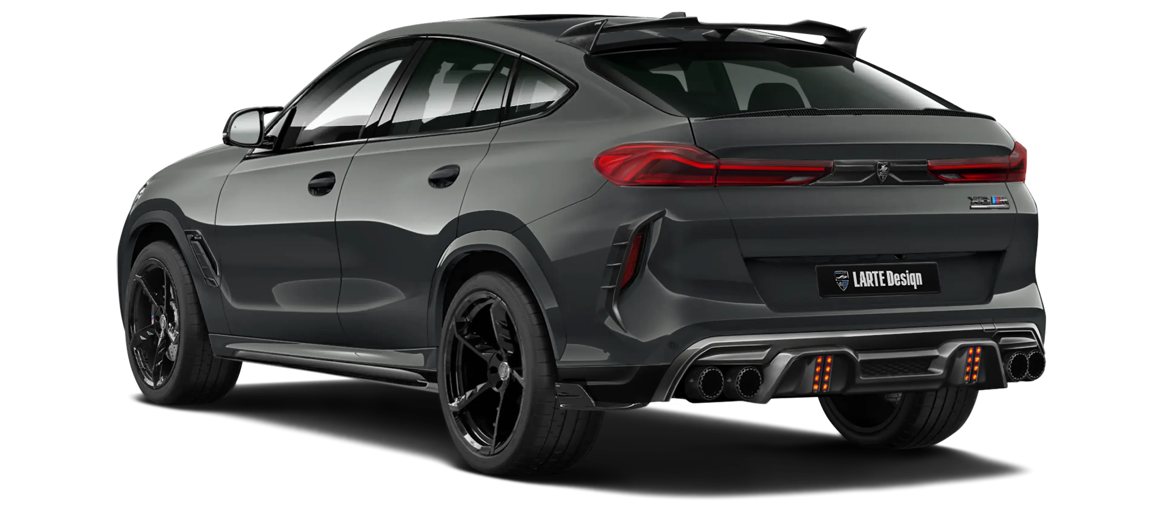 BMW X6M F96 LCI 2023 with painted body kit: rear view shown in Dravit grey