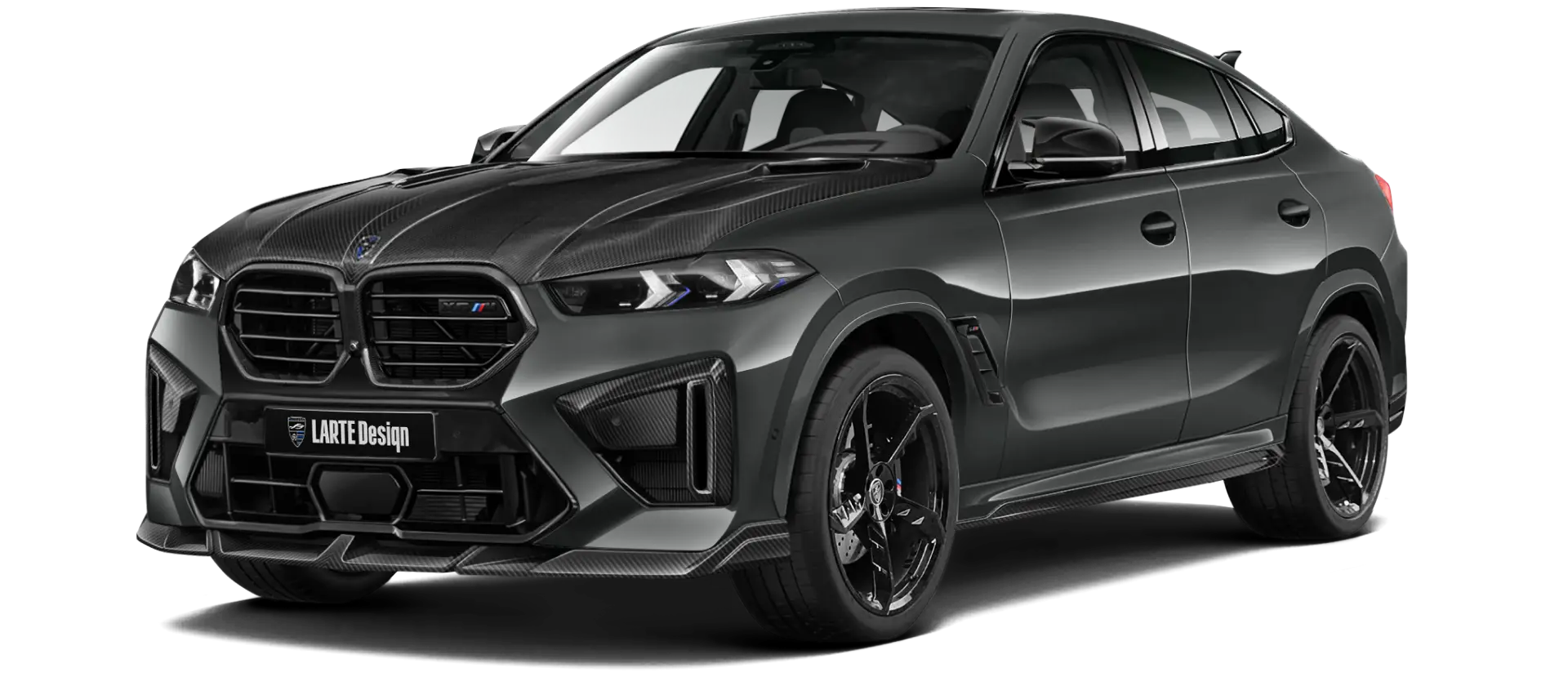 BMW X6M F96 LCI 2023 with carbon body kit: front view shown in Dravit grey