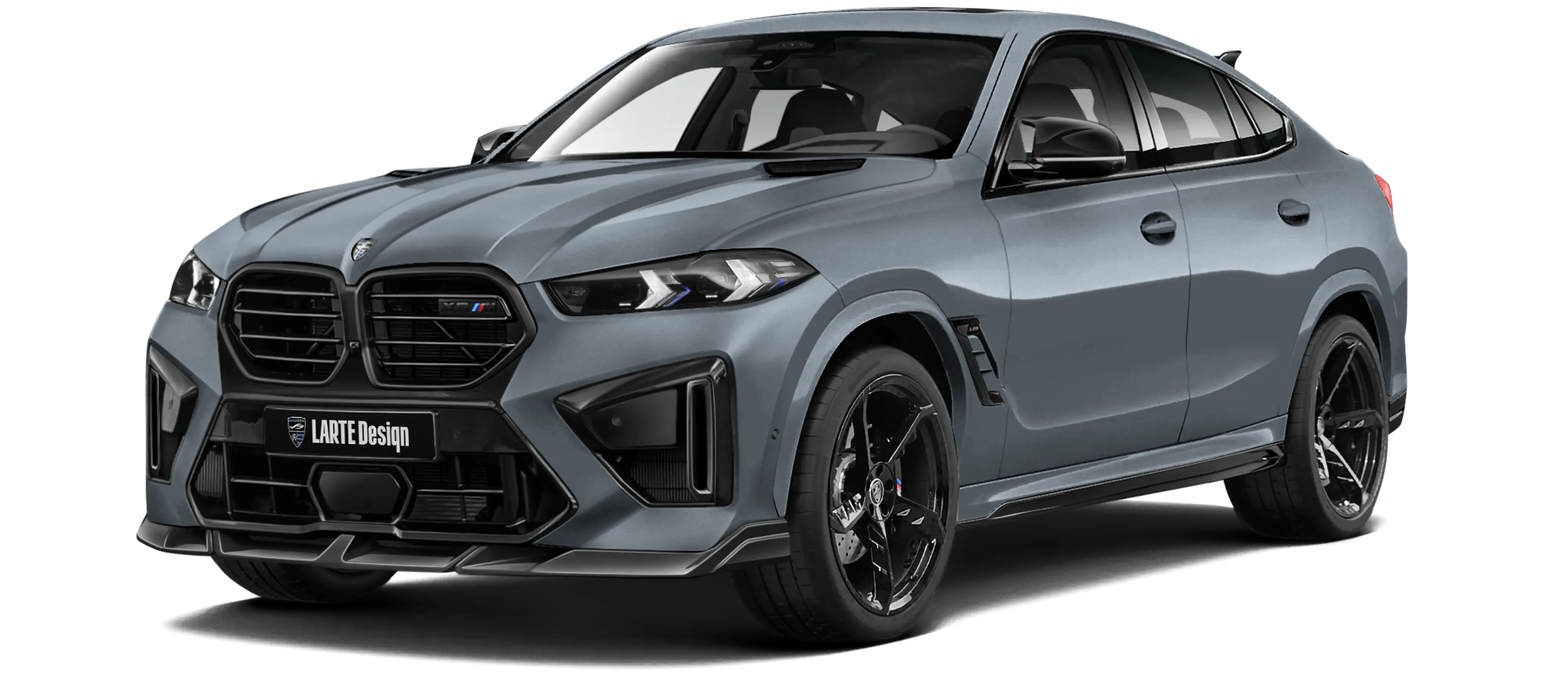 BMW X6M F96 LCI 2023 with painted body kit: front view shown in Frosty clean gray