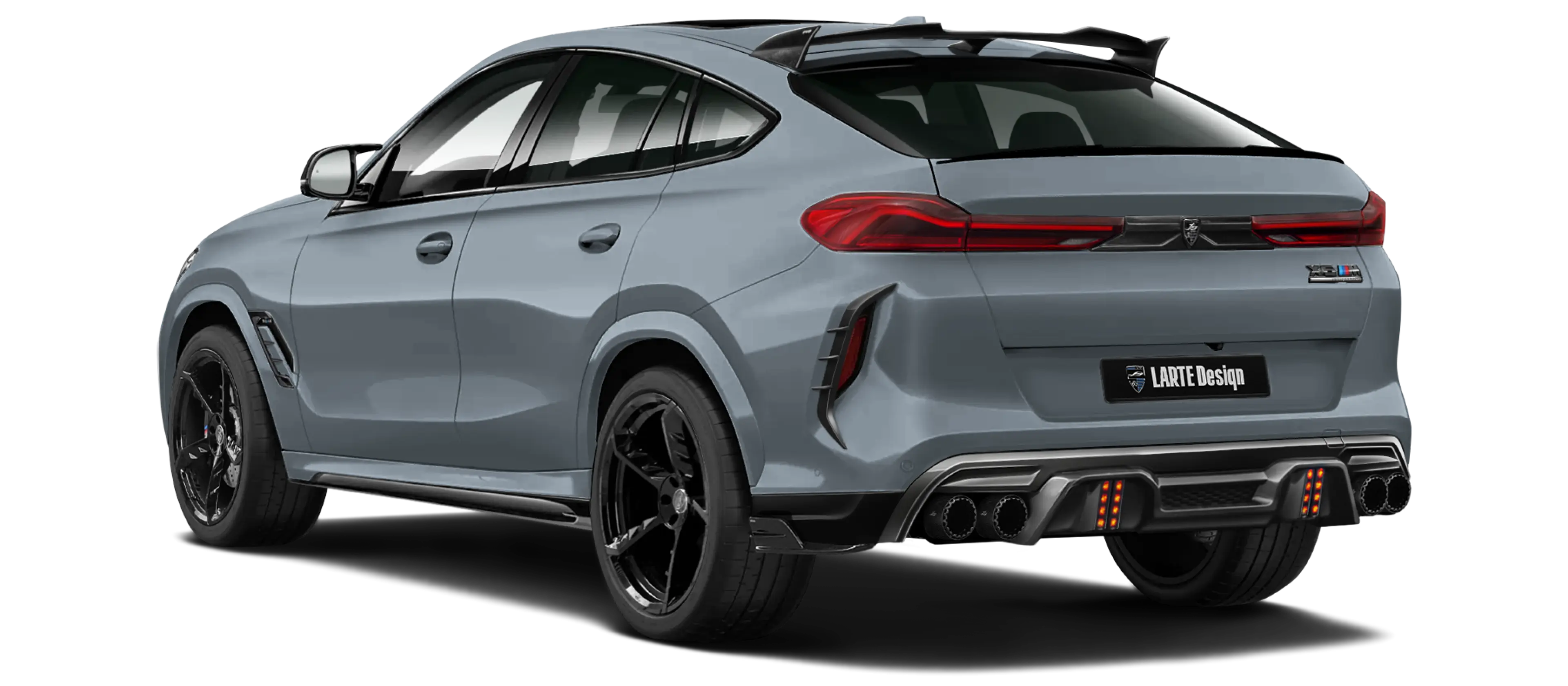 BMW X6M F96 LCI 2023 with painted body kit: rear view shown in Frosty clean gray
