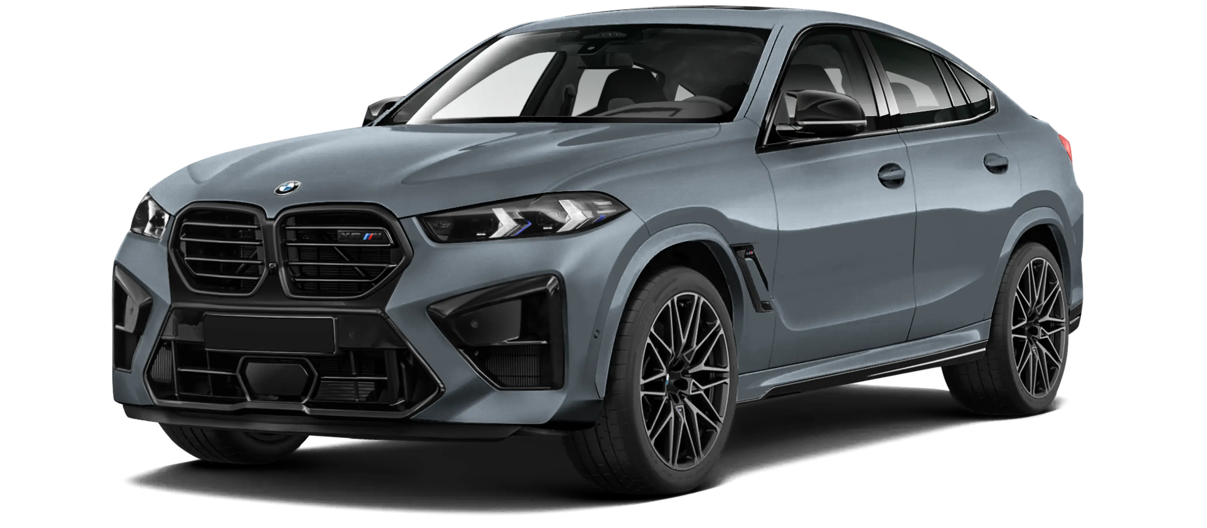 BMW X6M F96 LCI 2023 stock front view in Frosty clean gray