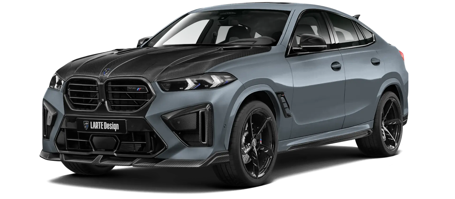 BMW X6M F96 LCI 2023 with carbon body kit: front view shown in Frosty clean gray