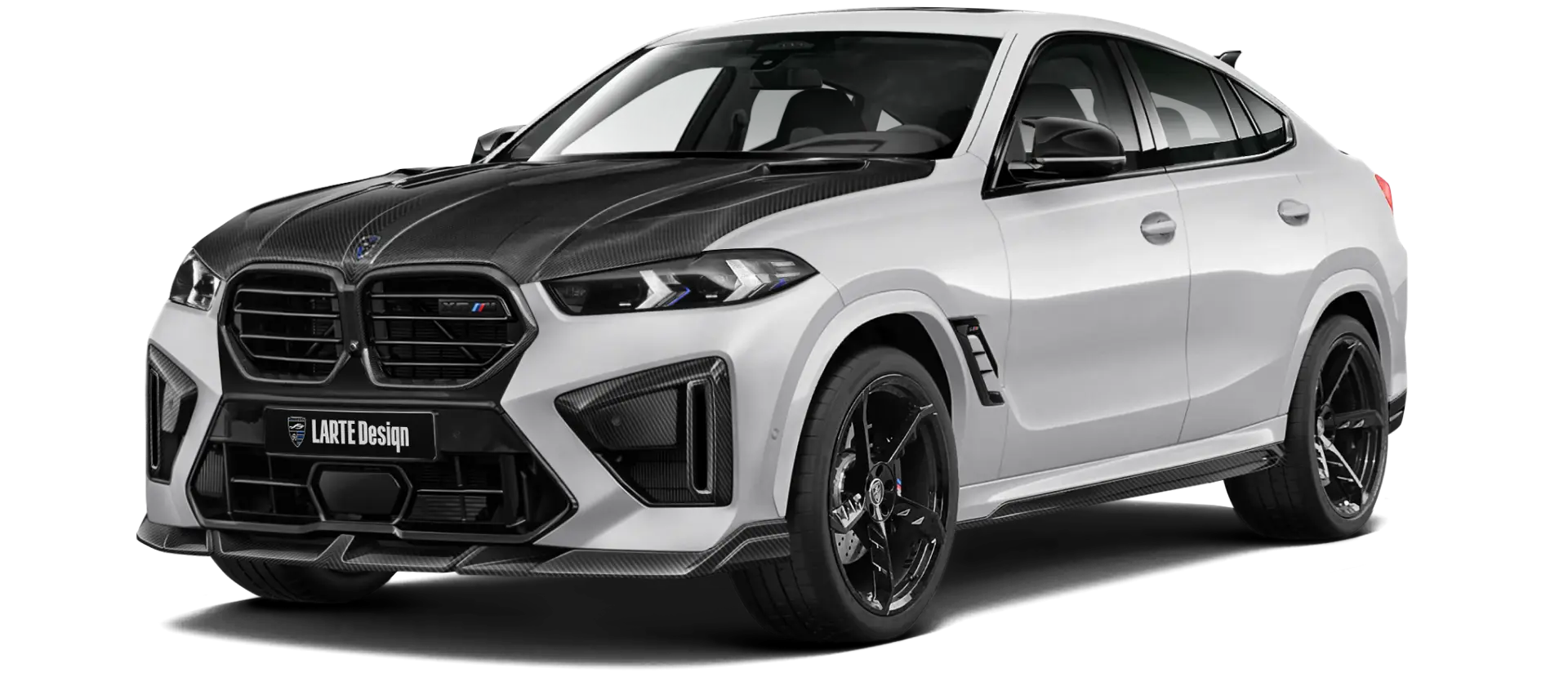 BMW X6M F96 LCI 2023 with carbon body kit: front view shown in White mineral