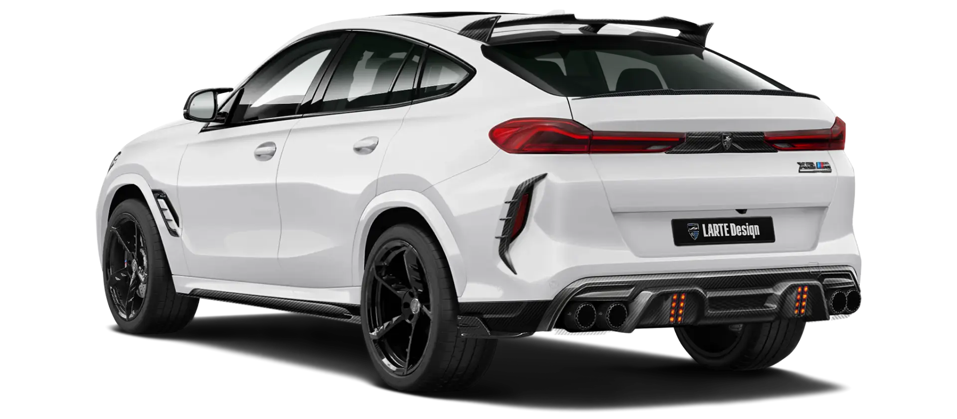 BMW X6M F96 LCI 2023 with carbon body kit: back view shown in White mineral