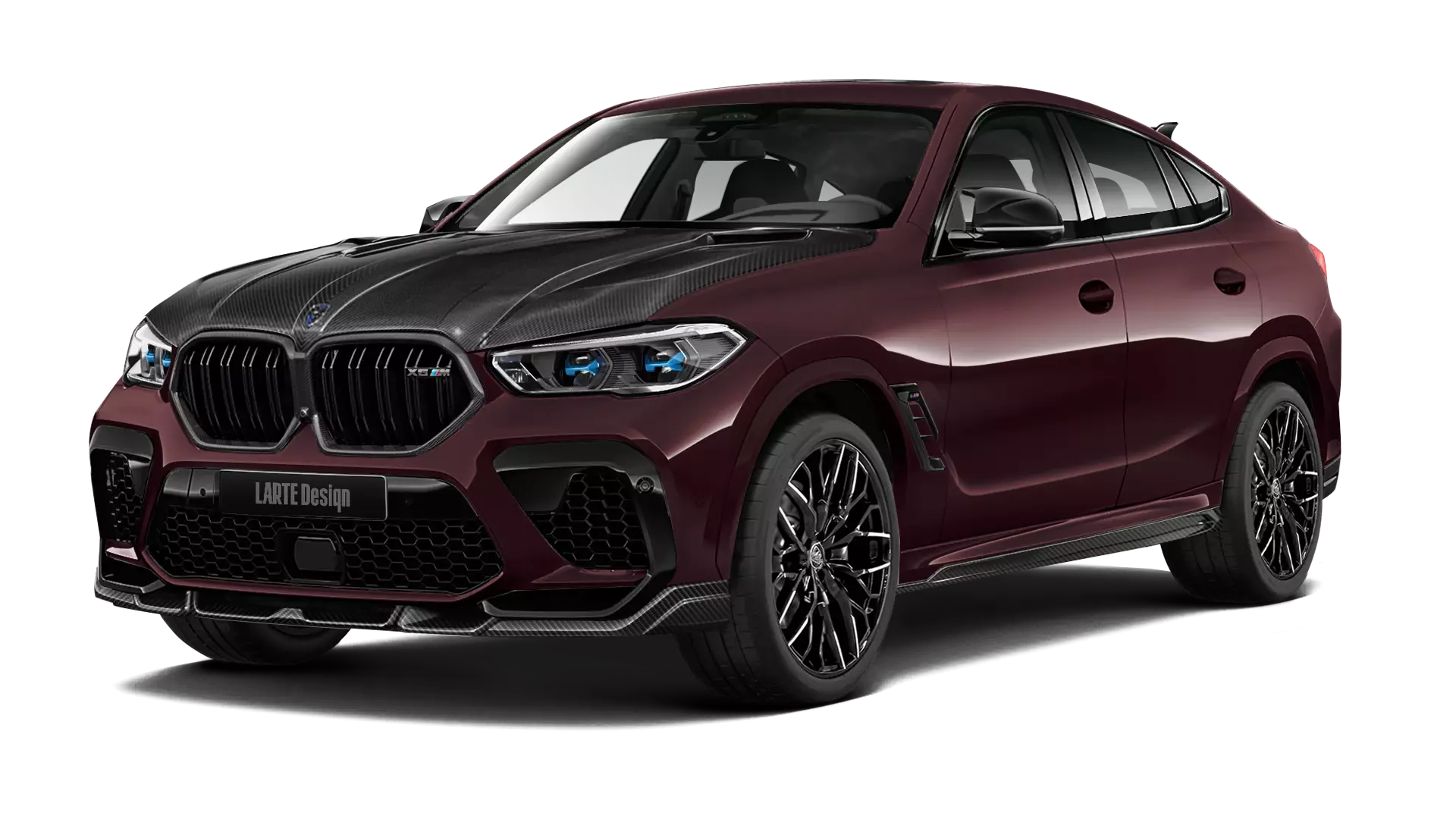 BMW X6M F96 with carbon body kit: front view shown in ametrine
