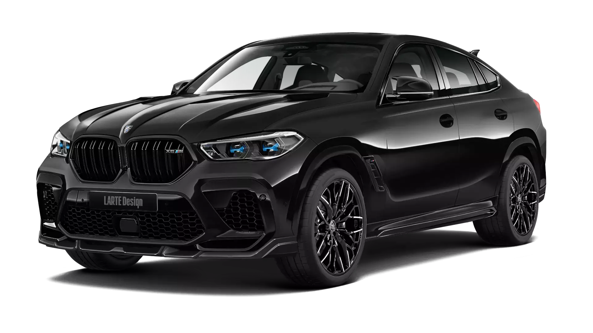BMW X6M F96 with painted body kit: front view shown in Black Sapphire