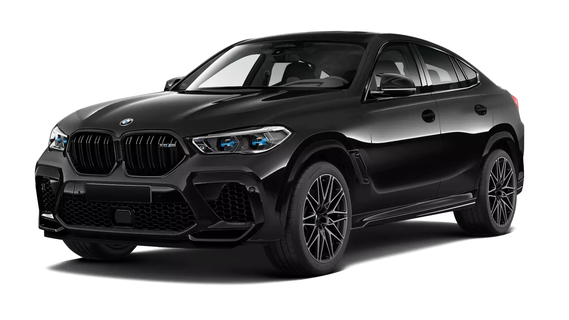 BMW X6M F96 stock front view in Black Sapphire color