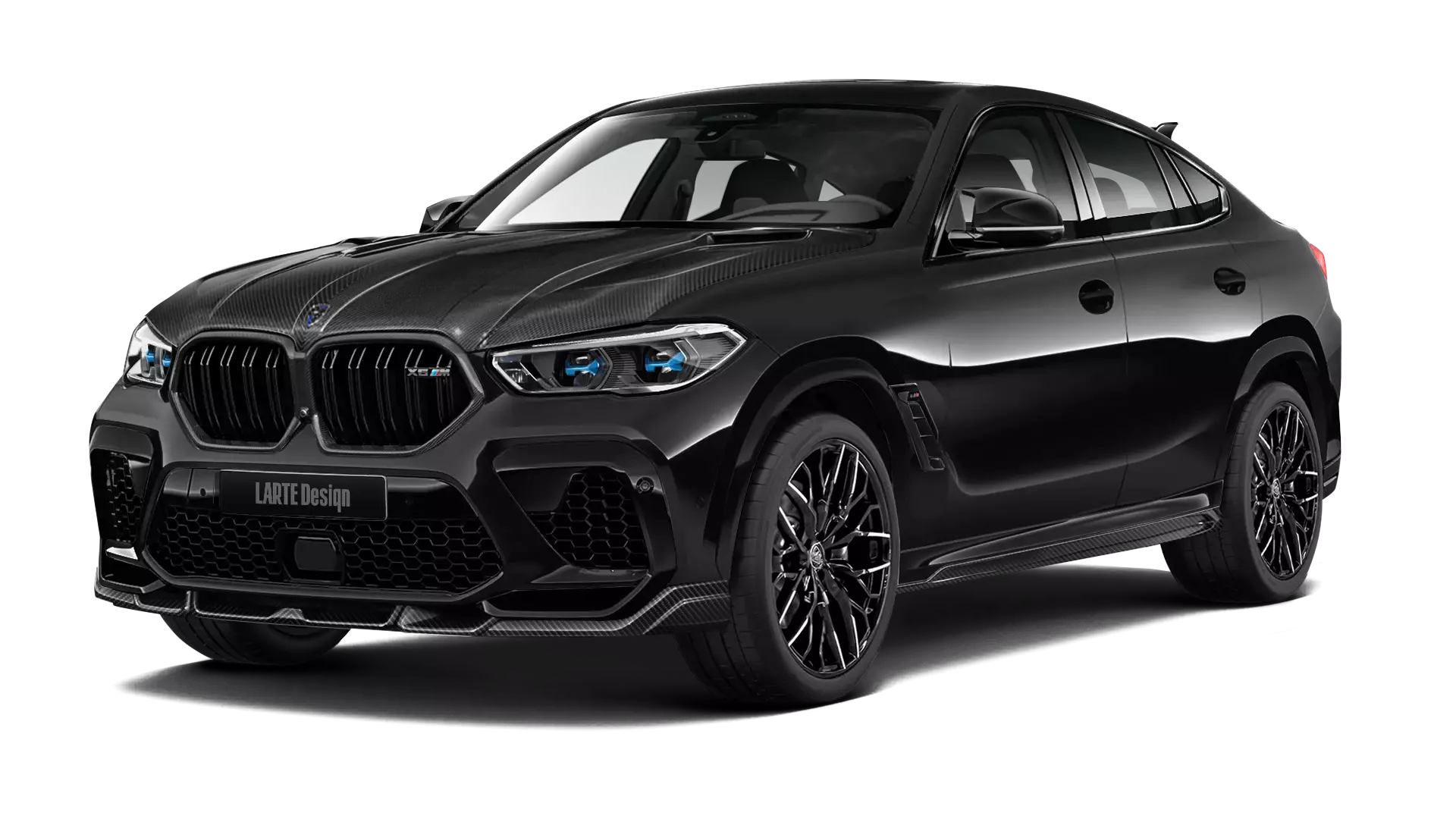 BMW X6M F96 with carbon body kit: front view shown in Black Sapphire