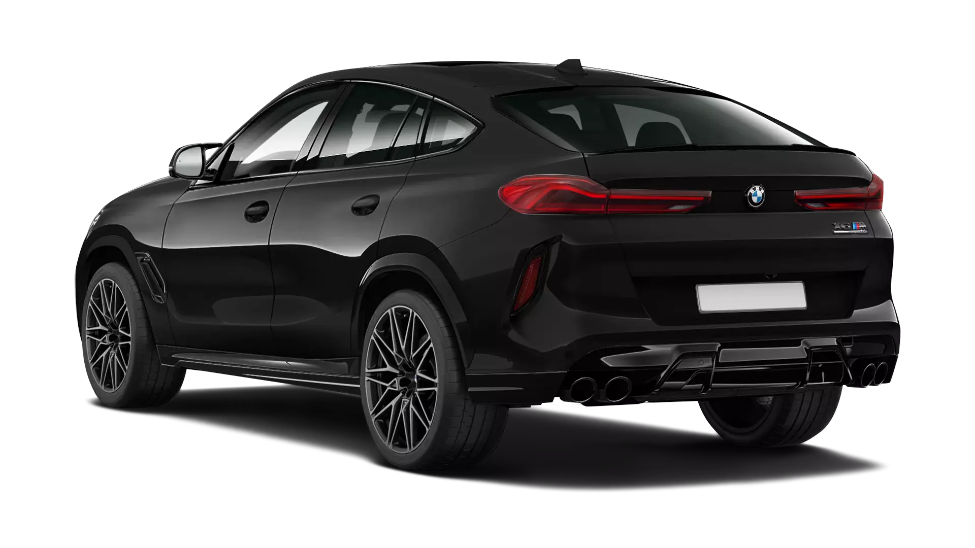 BMW X6M F96 stock rear view in Black Sapphire color