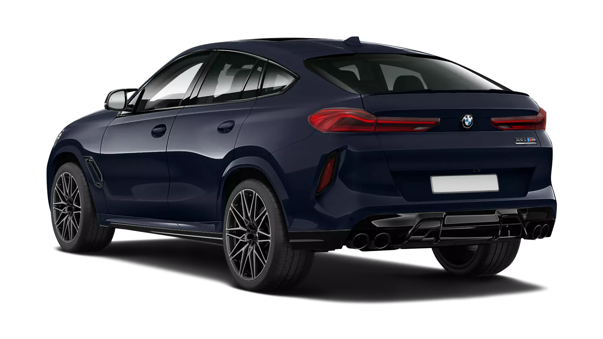 BMW X6M F96 stock rear view in Carbon Black color