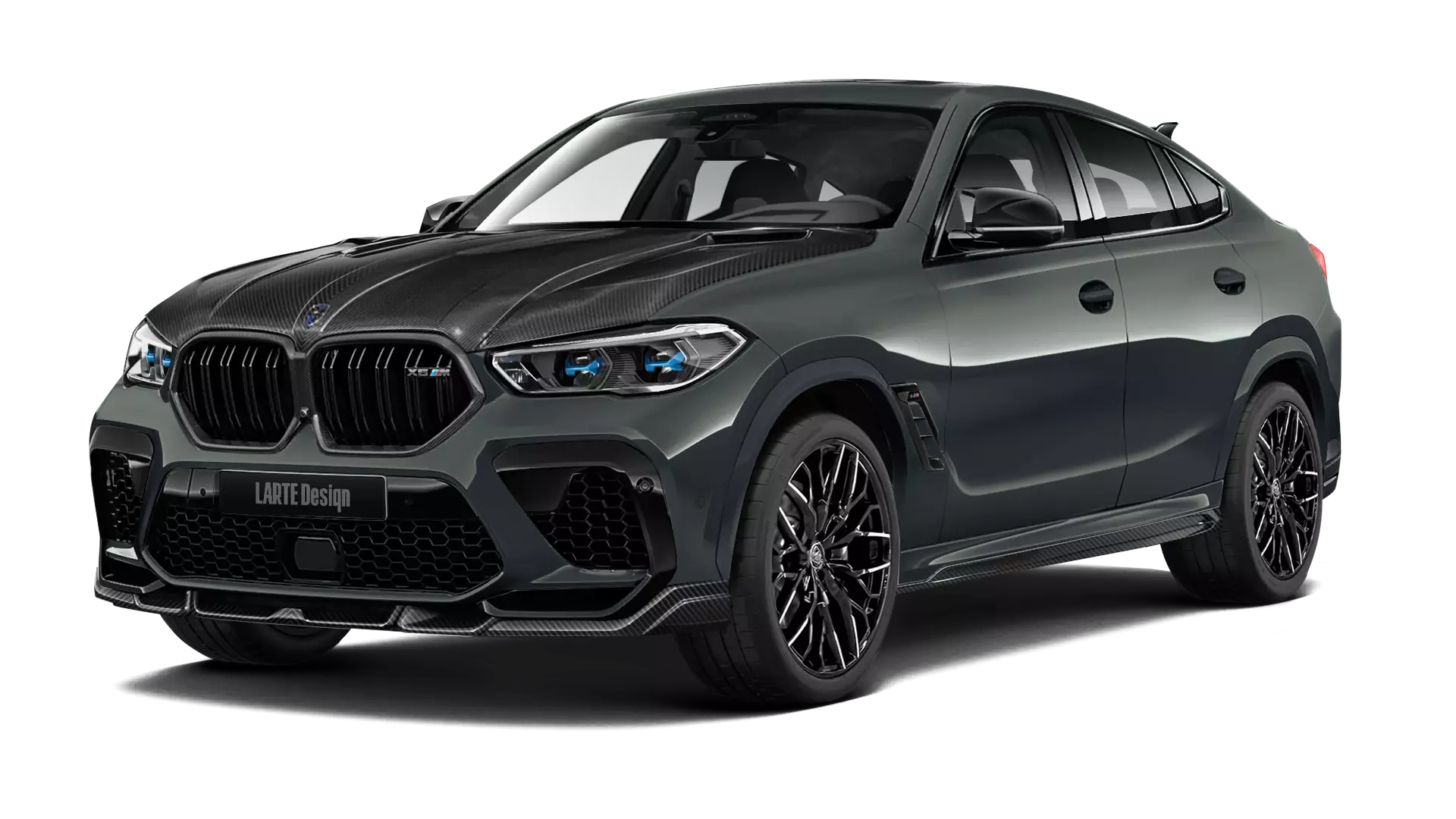 BMW X6M F96 with carbon body kit: front view shown in dravit grey