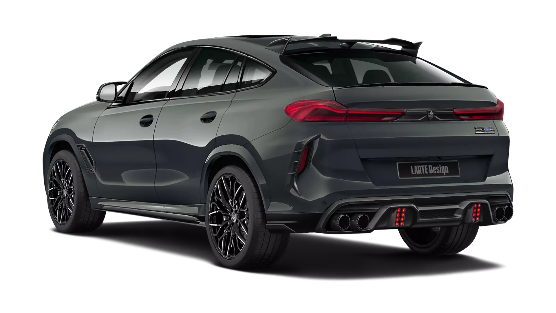 BMW X6M F96 with painted body kit: rear view shown in dravit grey