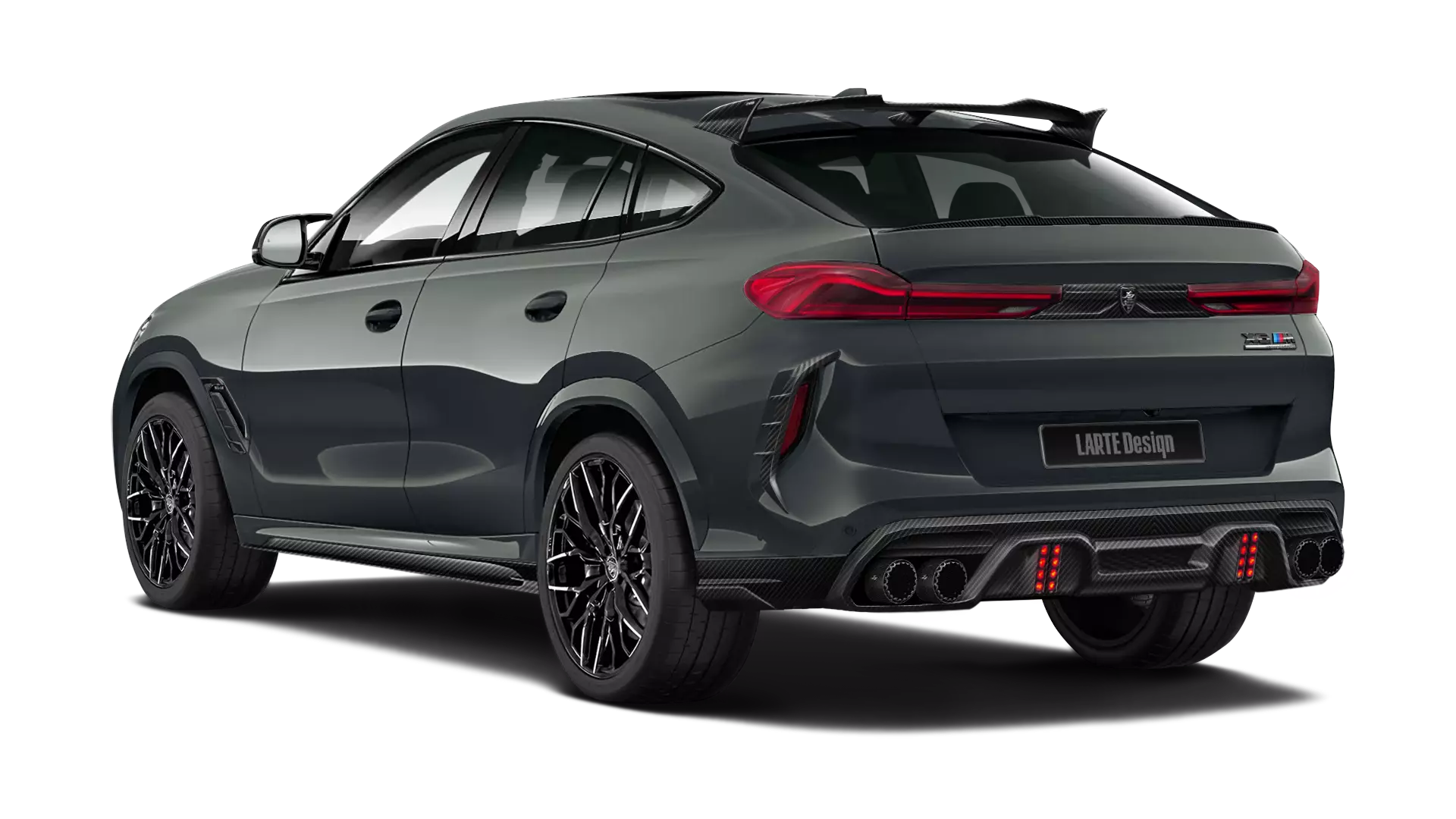 BMW X6M F96 with carbon body kit: rear view shown in dravit grey