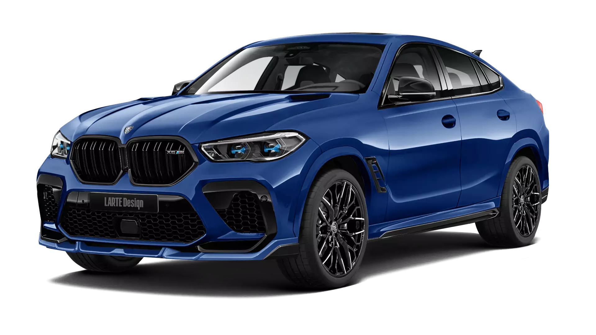 BMW X6M F96 with painted body kit: front view shown in marina bay blue