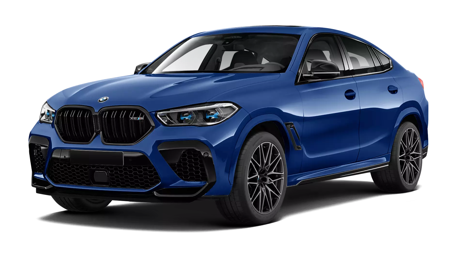 BMW X6M F96 stock front view in marina blue bay