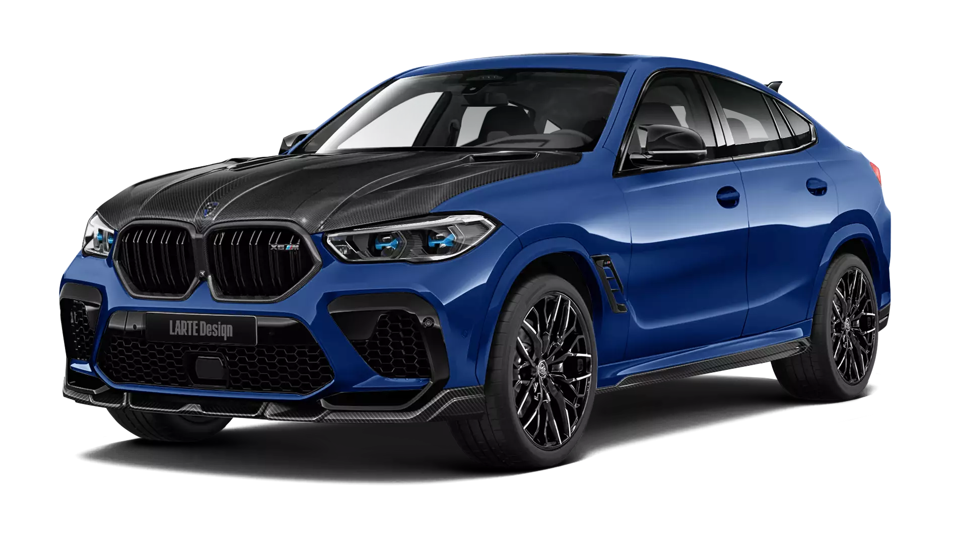BMW X6M F96 with carbon body kit: front view shown in marina bay blue
