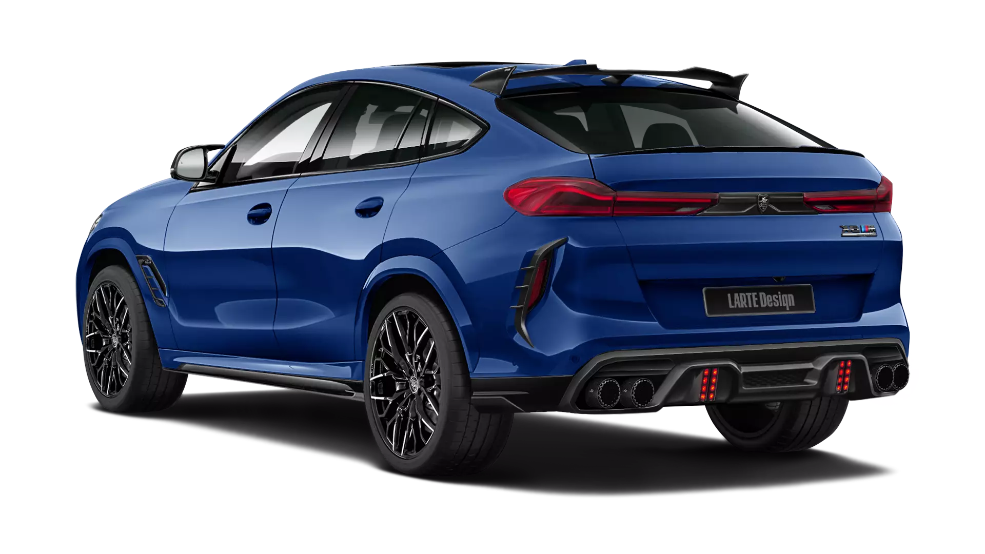BMW X6M F96 with painted body kit: rear view shown in marina bay blue