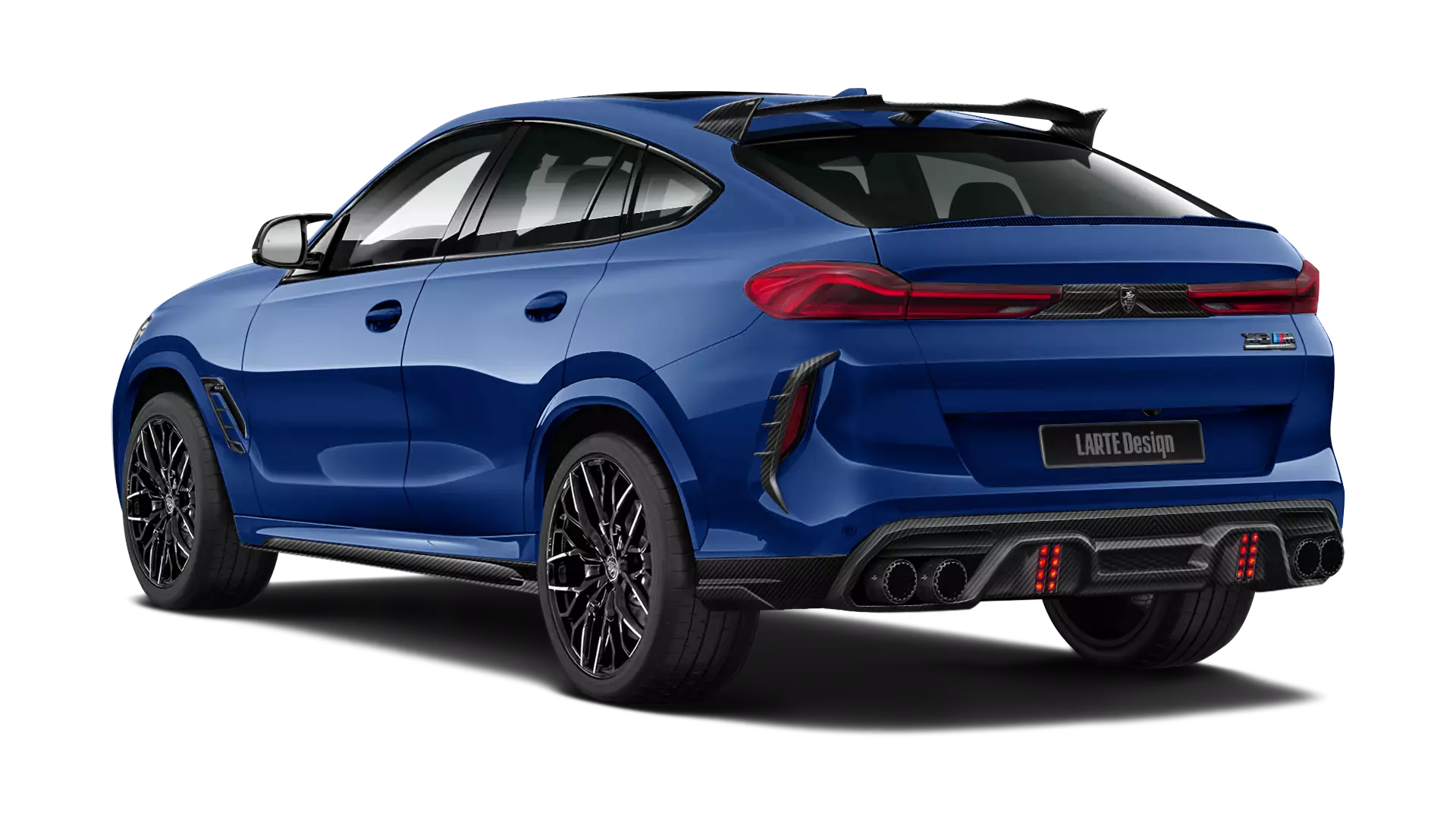 BMW X6M F96 with carbon body kit: rear view shown in marina bay blue
