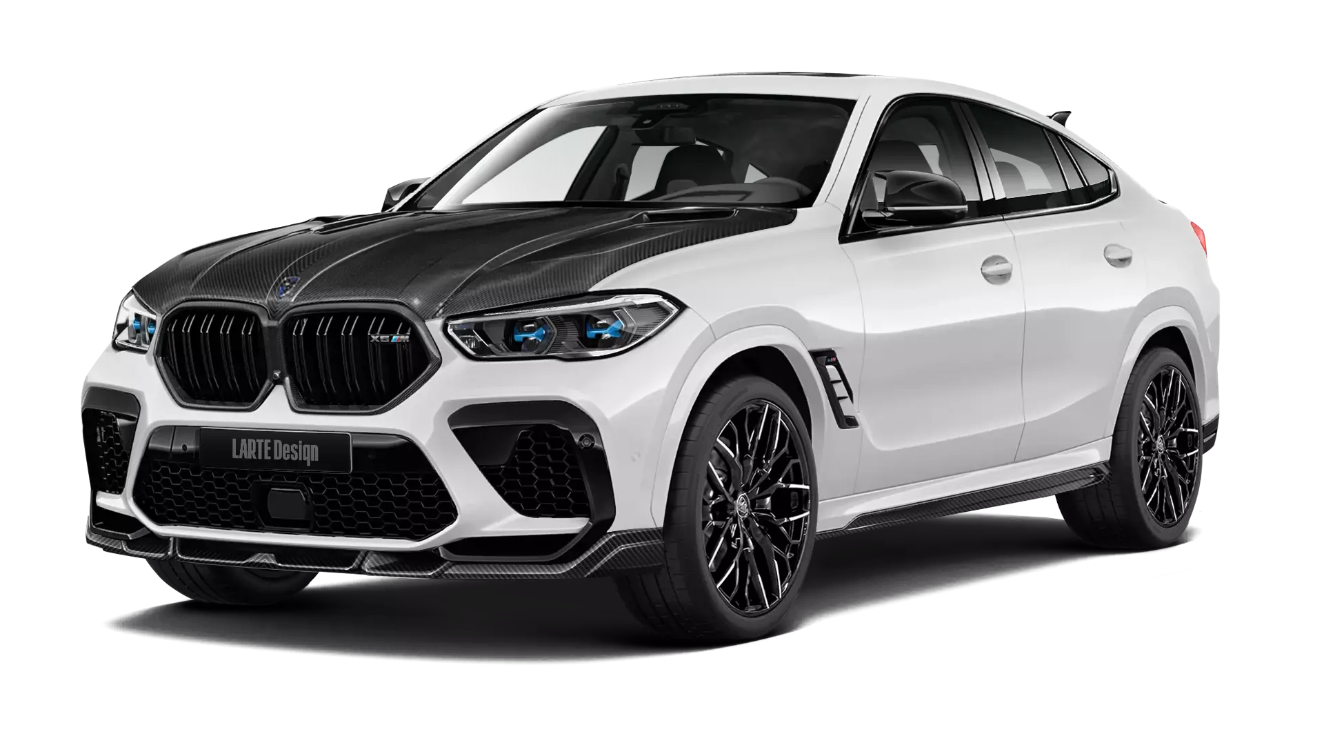 BMW X6M F96 with carbon body kit: front view shown in Mineral White