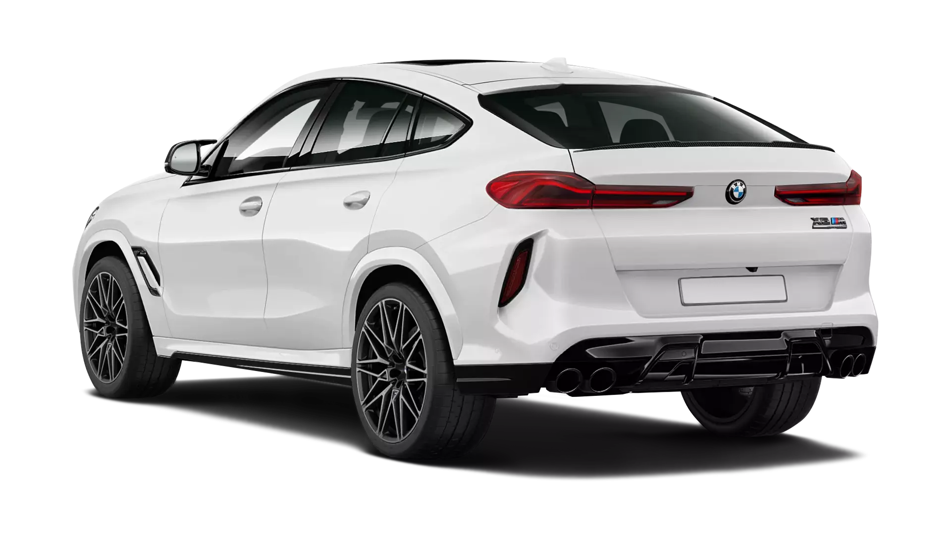 BMW X6M F96 stock rear view in Mineral White color