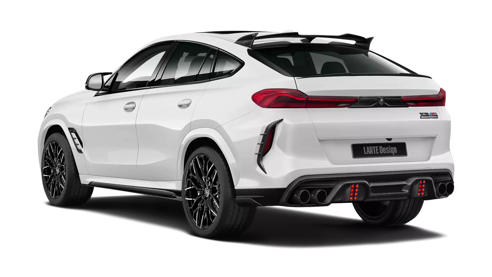 BMW X6M F96 with carbon body kit: back view shown in Mineral White