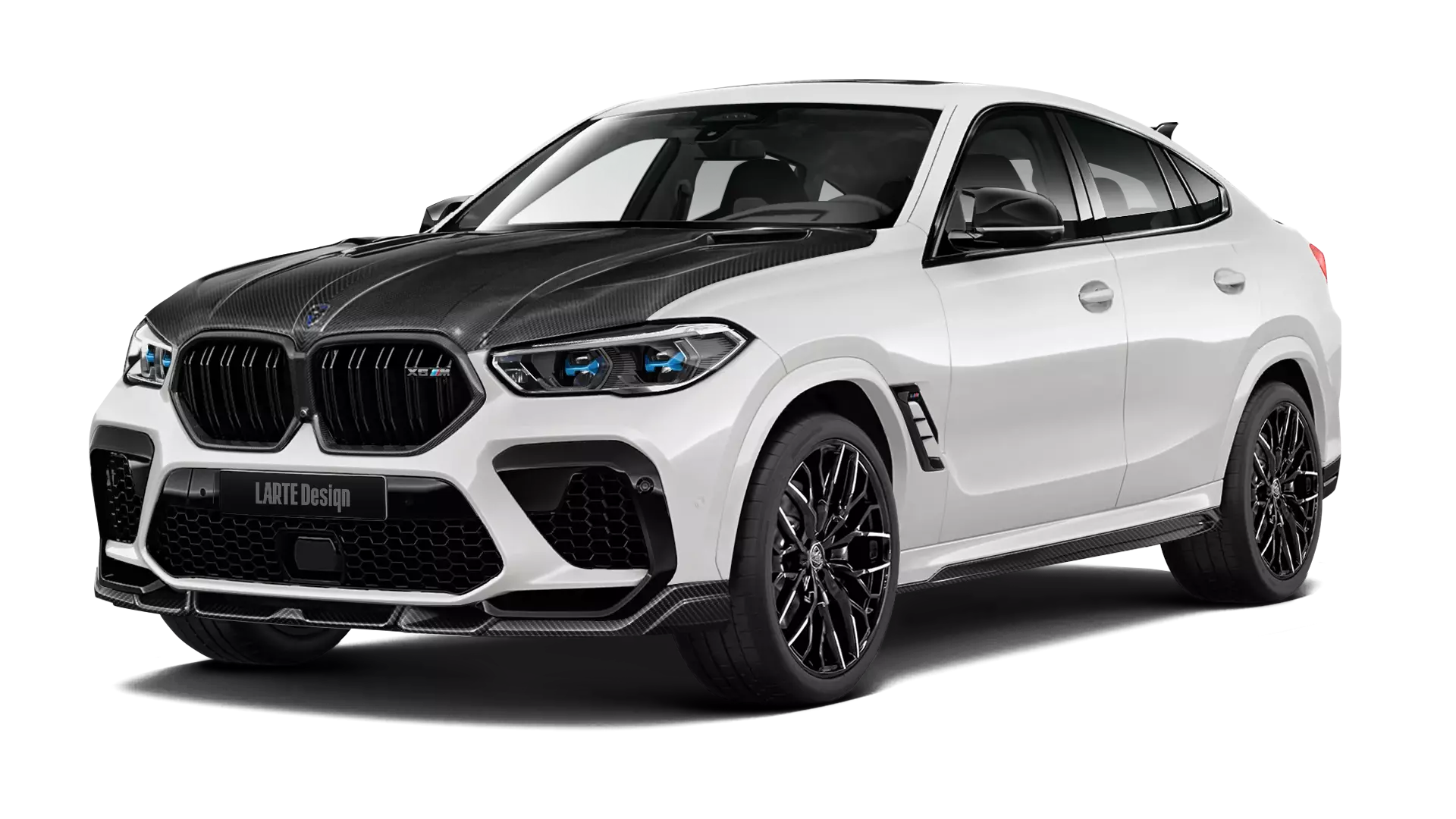 BMW X6M F96 with carbon body kit: front view shown in Snow White