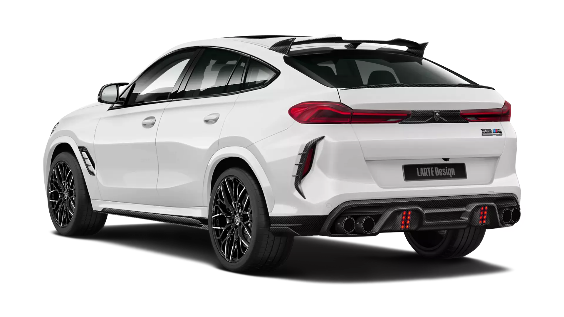 BMW X6M F96 with carbon body kit: back view shown in Snow White