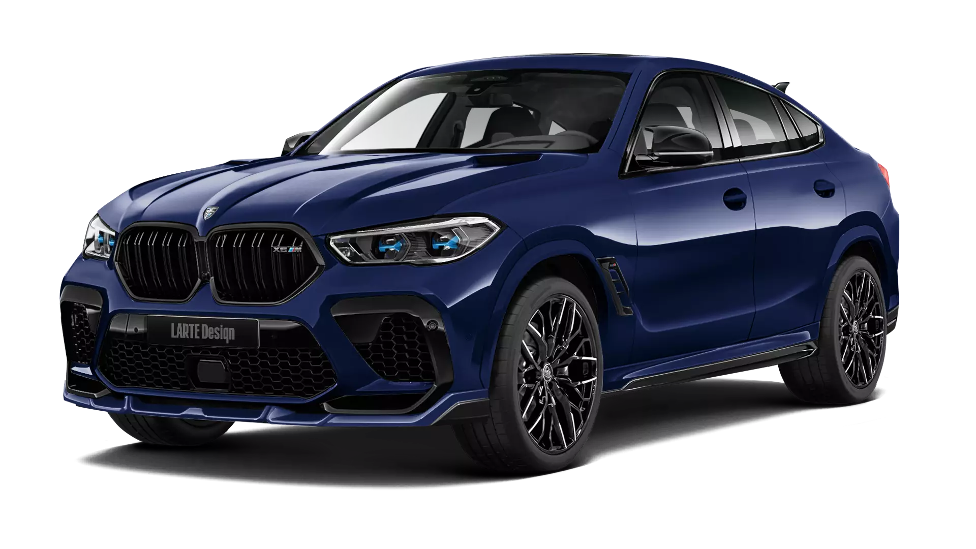 BMW X6M F96 with painted body kit: front view shown in Tanzanite Blue
