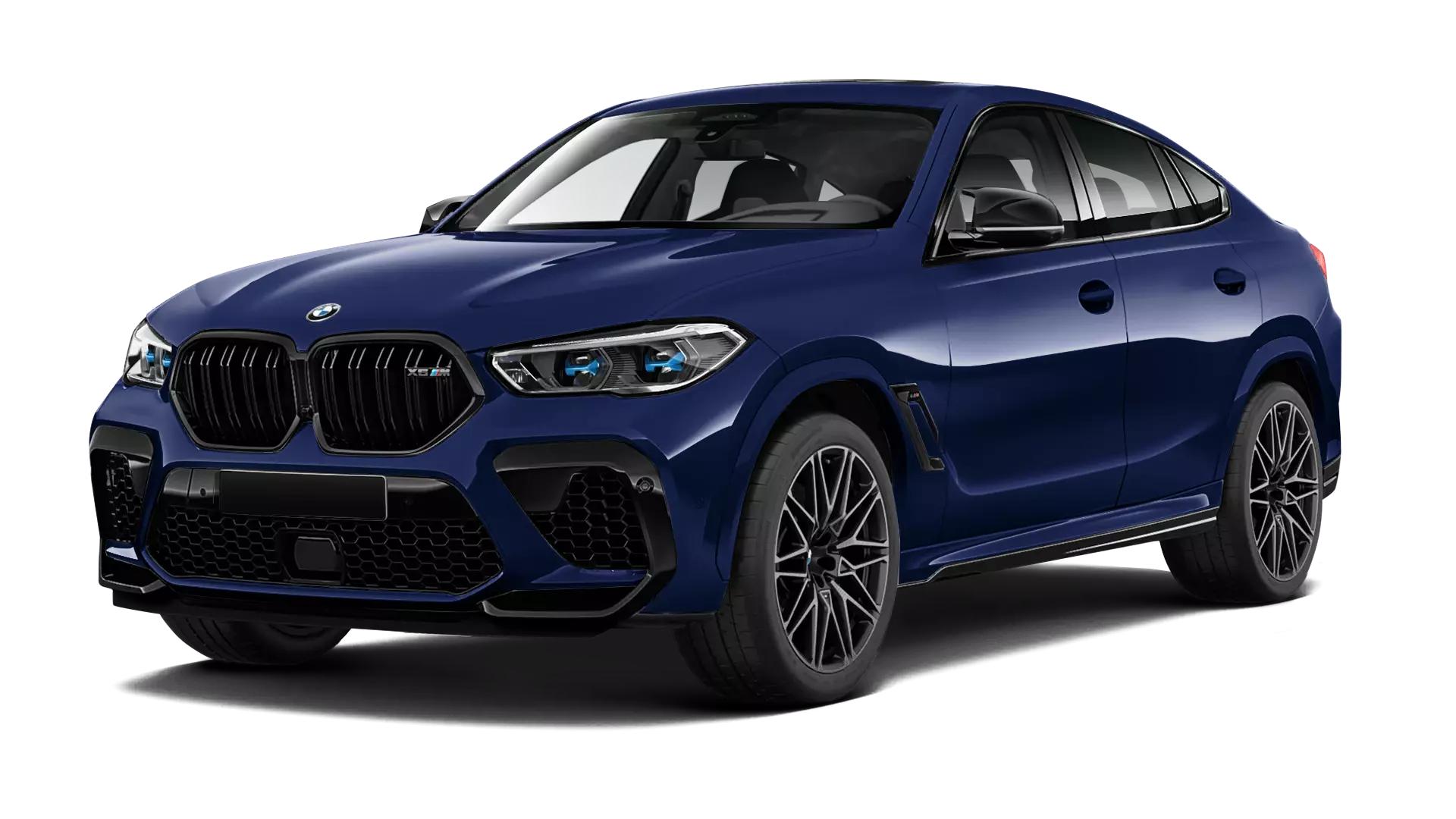 BMW X6M F96 stock front view in Tanzanite Blue color