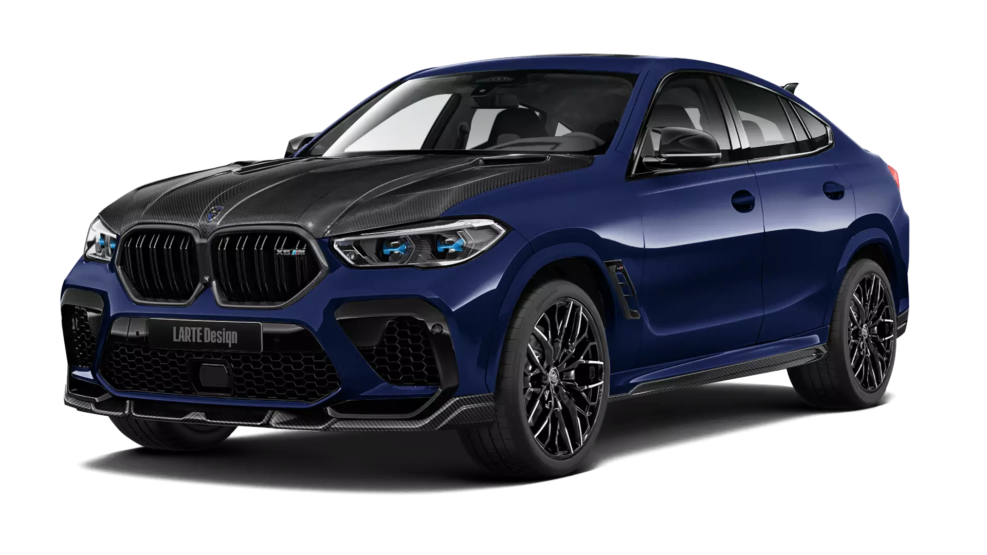 BMW X6M F96 with carbon body kit: front view shown in Tanzanite Blue