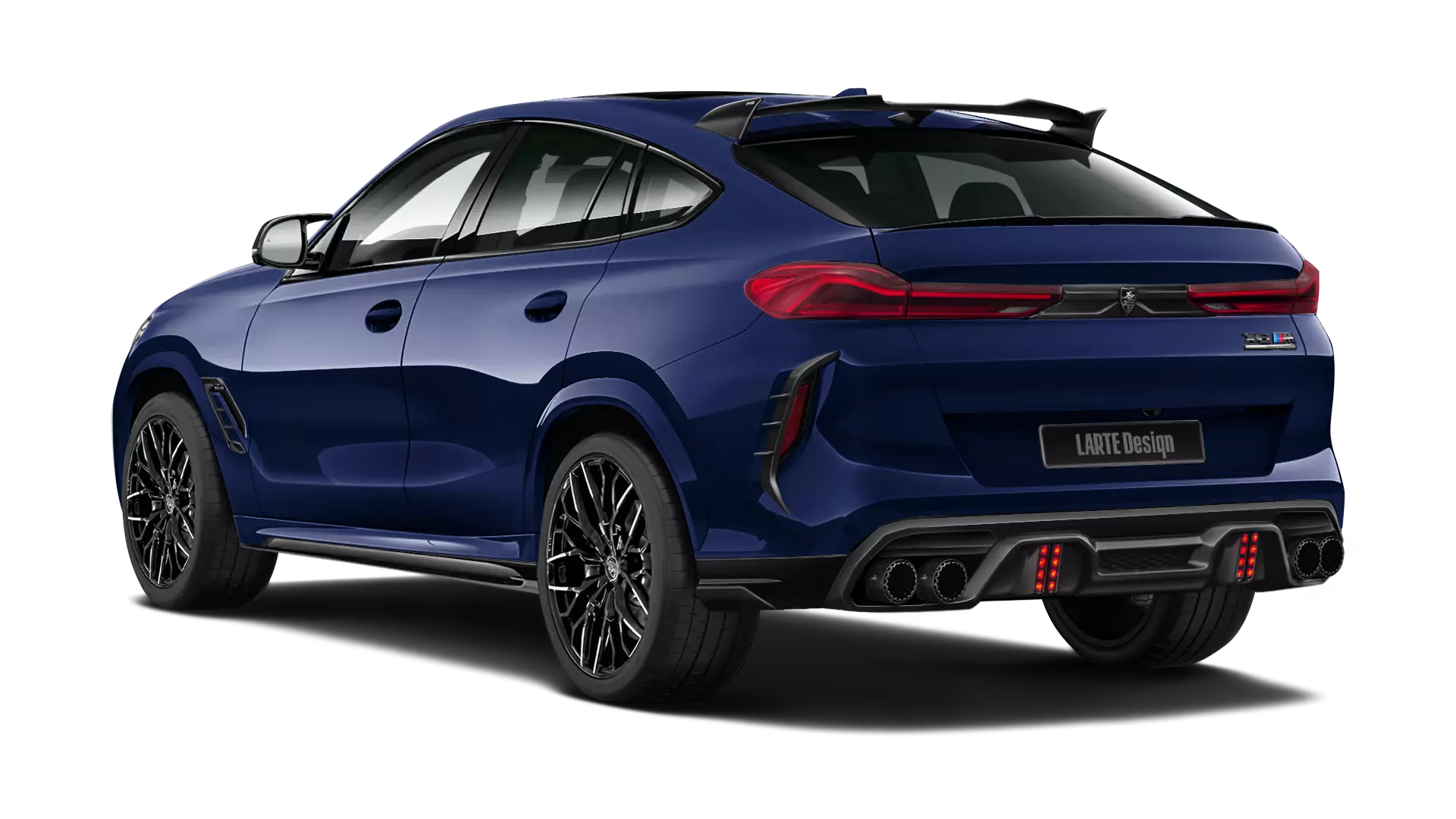 BMW X6M F96 with painted body kit: rear view shown in Tanzanite Blue