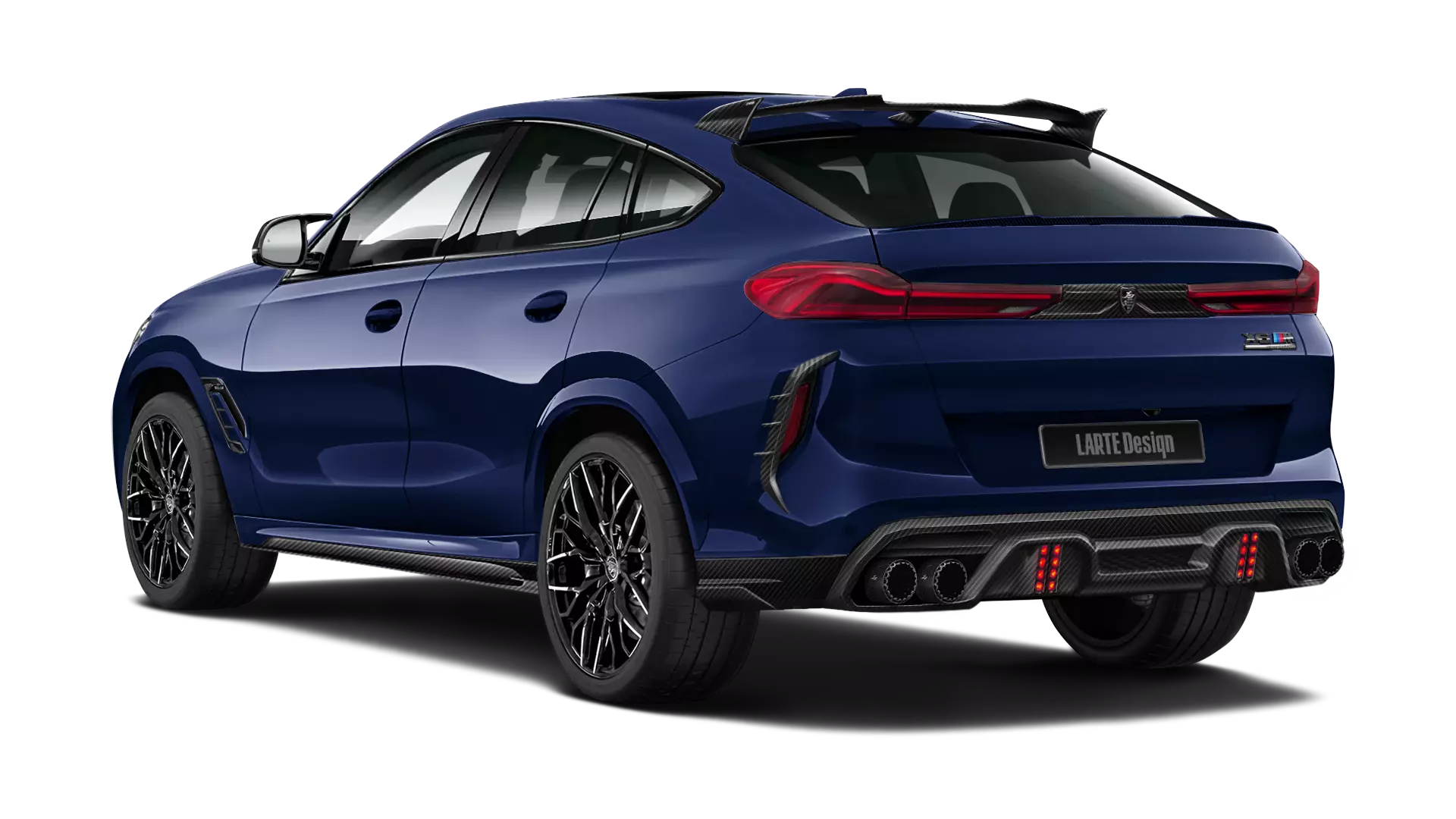 BMW X6M F96 with carbon body kit: back view shown in Tanzanite Blue
