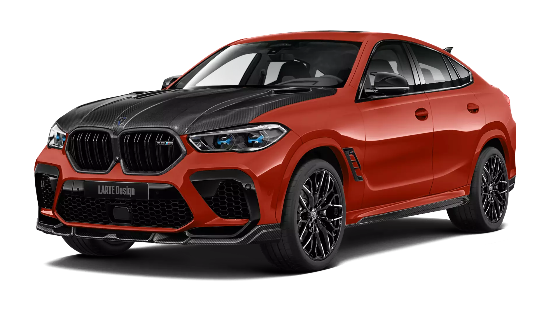 BMW X6M F96 with carbon body kit: front view shown in toronto red