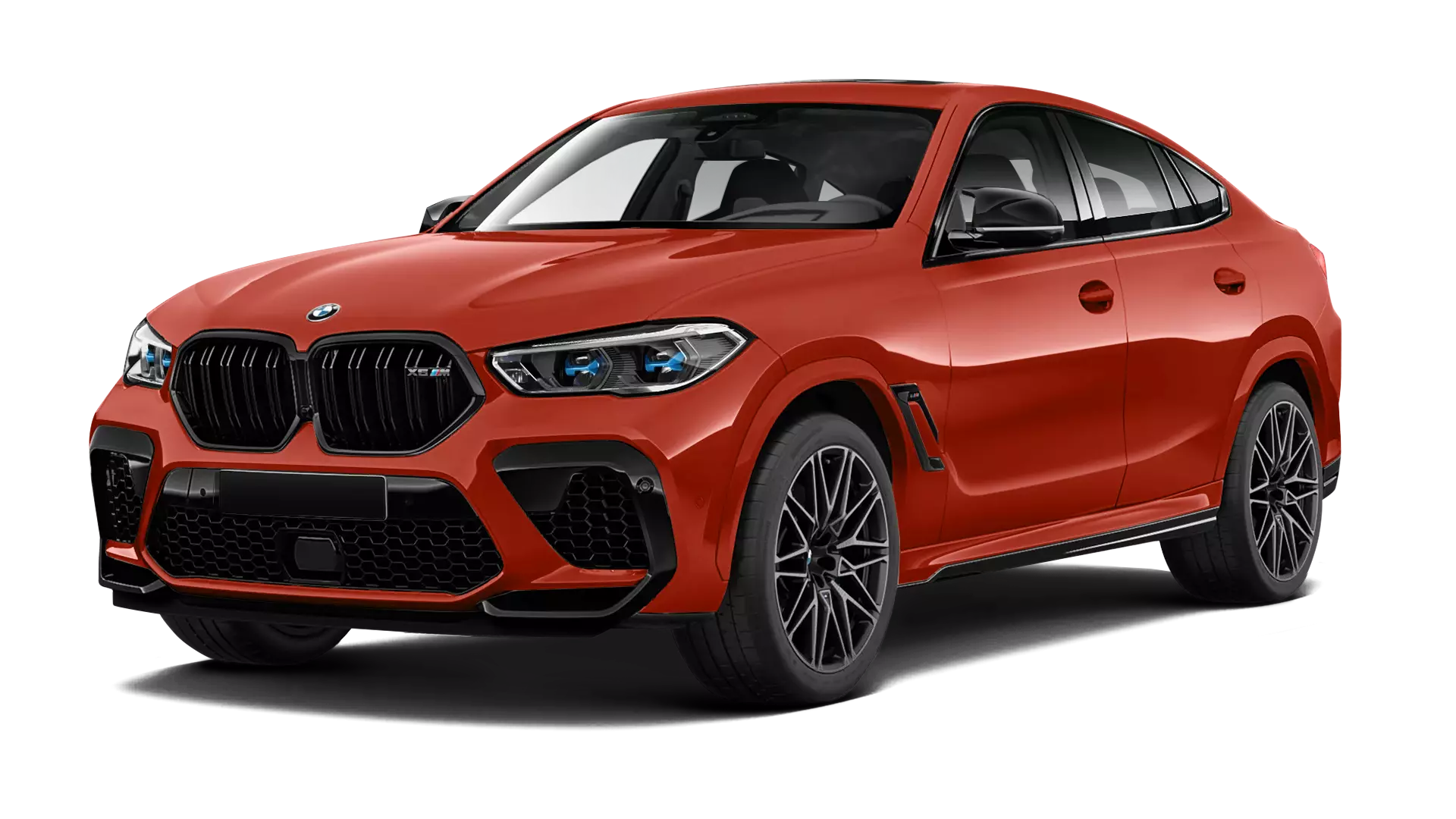 BMW X6M F96 with painted body kit: front view shown in toronto red