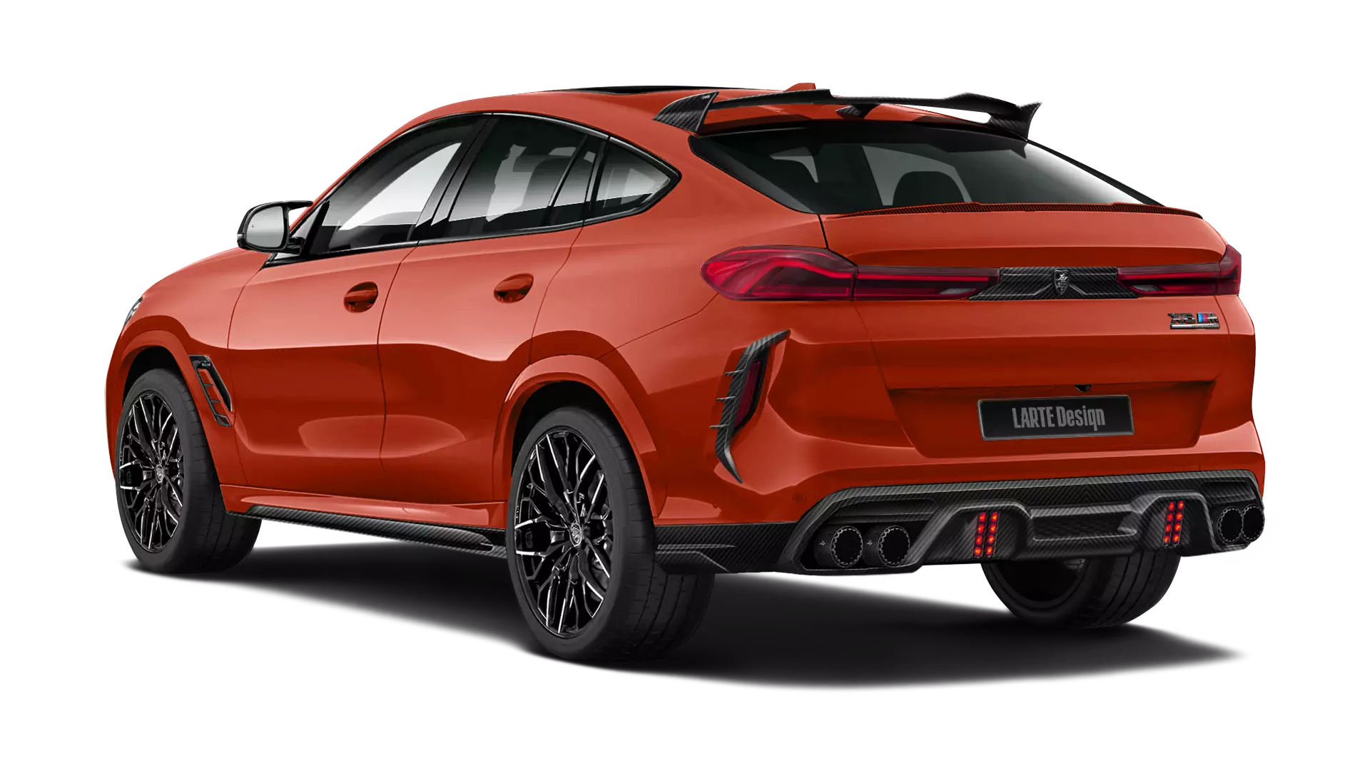 BMW X6M F96 with carbon body kit: back view shown in toronto red