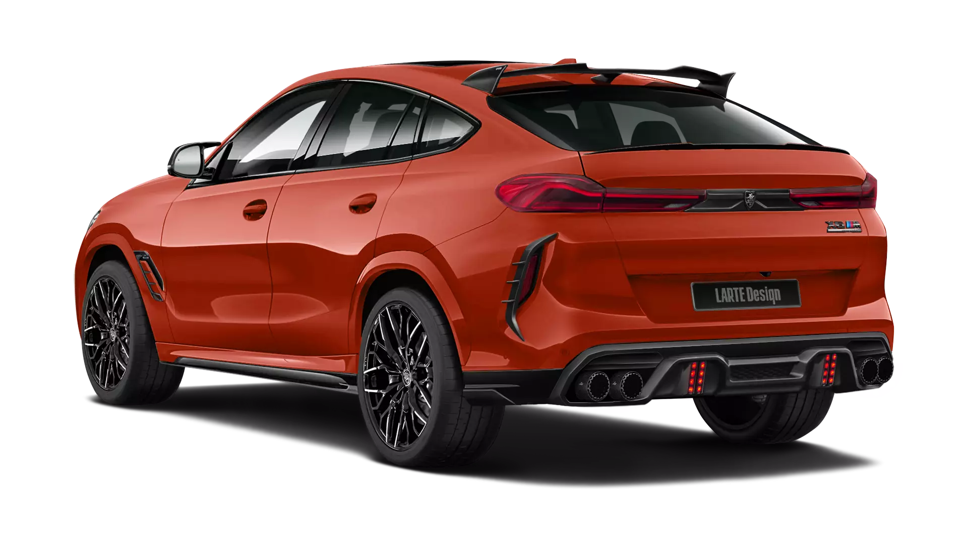 BMW X6M F96 with painted body kit: rear view shown in toronto red