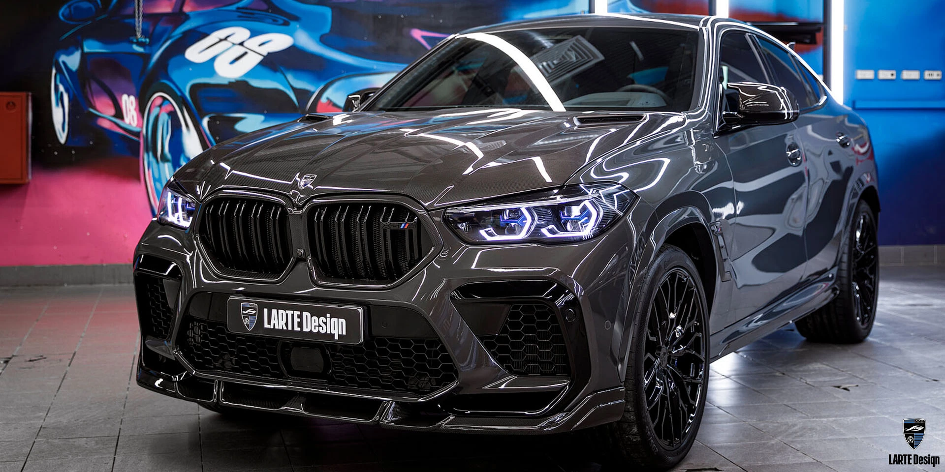 Installation custom carbon fiber body tuning for LARTE Performance BMW X6 M Competition F96 Dravit Grey Metallic