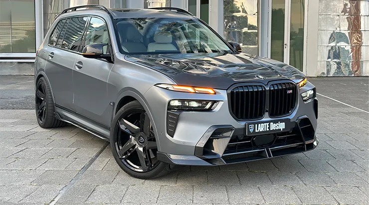 Front angle view on a BMW X7 with a body kit giving the car a custom appearance