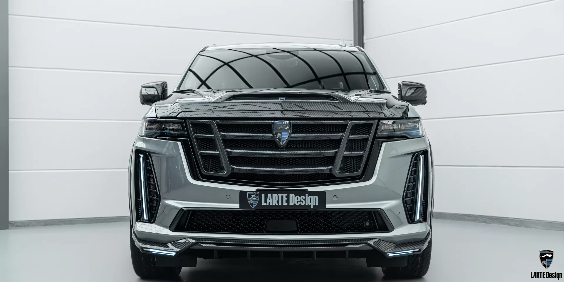 Custom grille trim with LARTE logo in Cadillac Escalade-V ESV body kit 